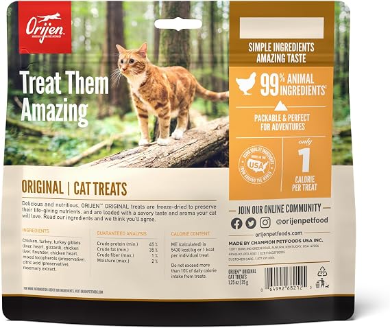 ORIJEN Freeze Dried Cat Treats Grain Free Original, 1.25oz Bag | 99% Animal Ingredients, Freeze Dried, Grain Free, High Protein, Wild-Caught Fish, Free-Run Poultry, 1 Calorie Each