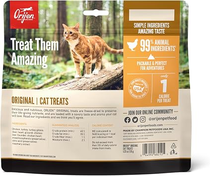 ORIJEN Freeze Dried Cat Treats Grain Free Original, 1.25oz Bag | 99% Animal Ingredients, Freeze Dried, Grain Free, High Protein, Wild-Caught Fish, Free-Run Poultry, 1 Calorie Each