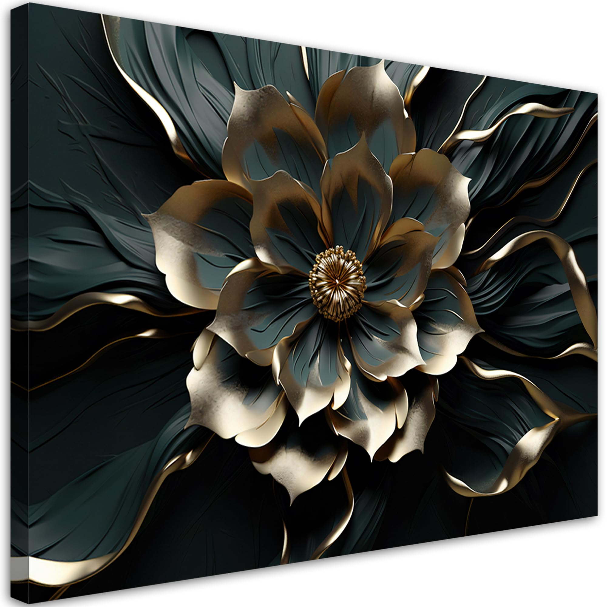 Feeby Bilder 3D Blumen Gold Natur 120x80 cm 1 tlg Schlafzimmer Modern Vlies Leinwandbilder Bild auf Leinwand Kunstdruck Wand Wanddeko Design Wohnzimmer Büro Flur Hotel Spa Pflanzen Botanik Schwarz
