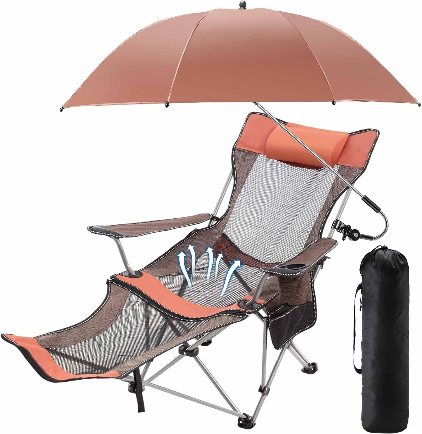 2 Pack Reclining Camping Chairs with Removable Umbrella Mesh Recliner Folding Beach Lounge Chairs with Adjustable Backrest