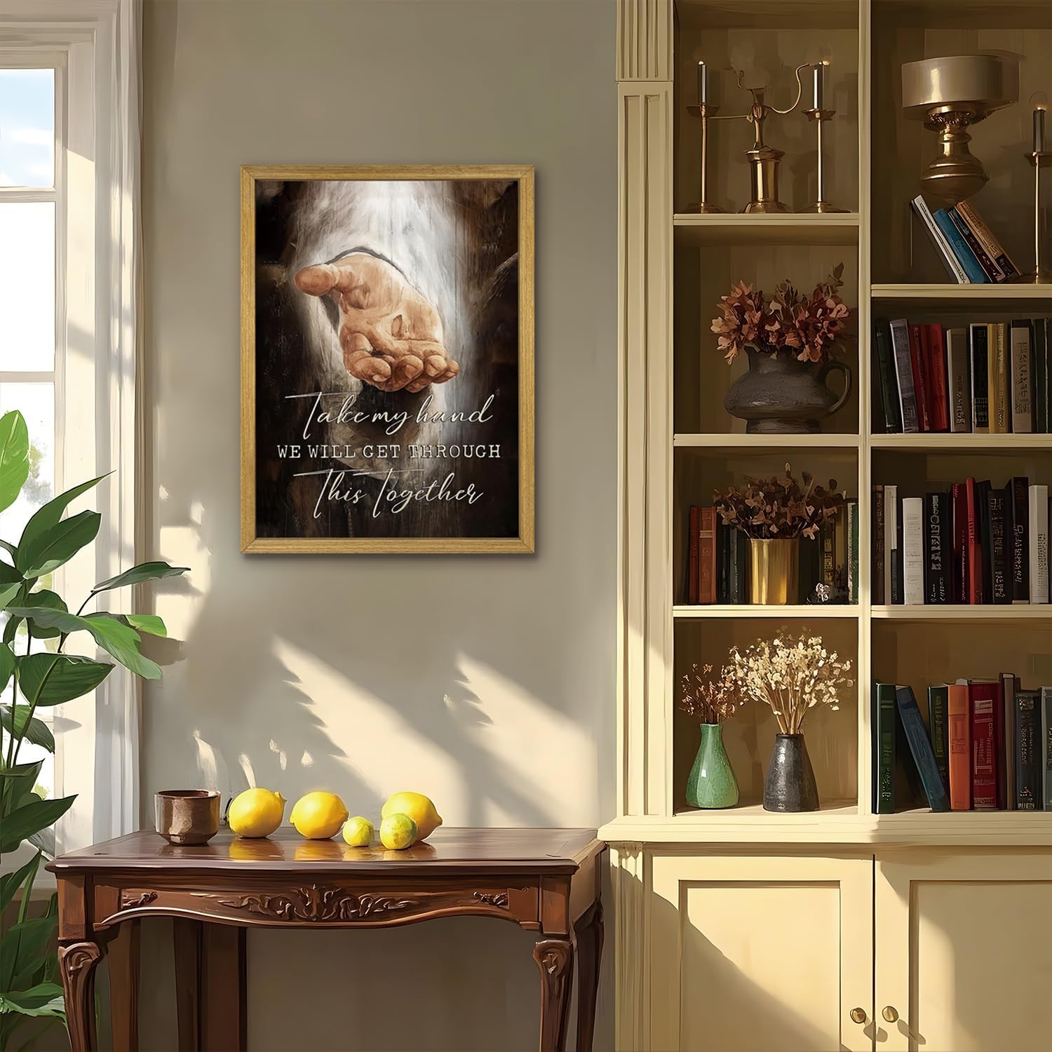 Framed Jesus Wall Art Christian Canvas Wall Decor Painting The Hand of God Posters Prints Pictures Inspirational Art Decorative Oil Paintings for Church Prayer Room Living Room Home 16x24 Inch