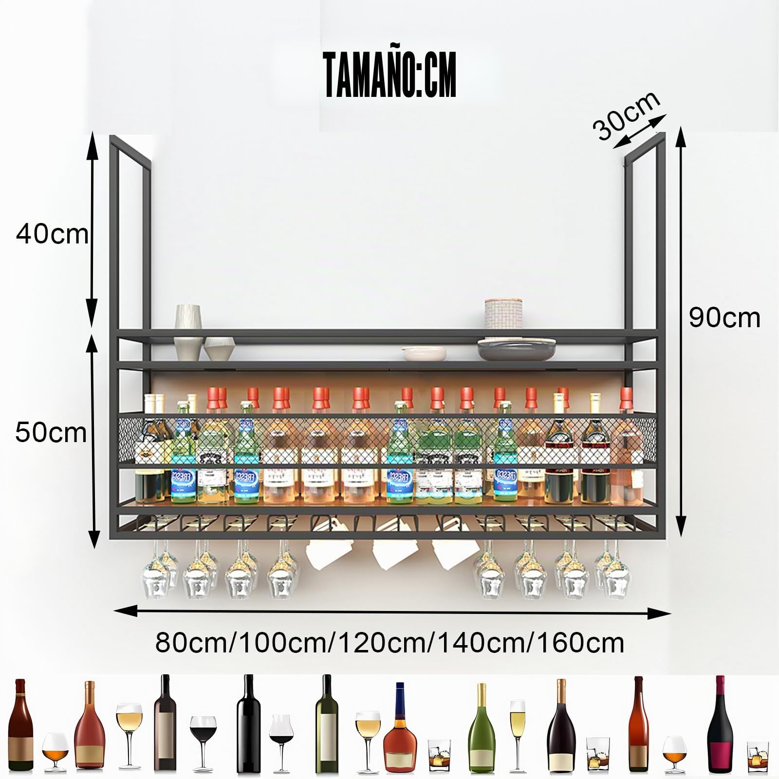 Estante de techo, Botellero Colgante de Gran Capacidad, Estante Vino Estanterias Metalicas de 2 capas Almacenaje Portavasos, Multifuncional, Parte de Vino, Comedor (Black, 100*30*50+40CM)