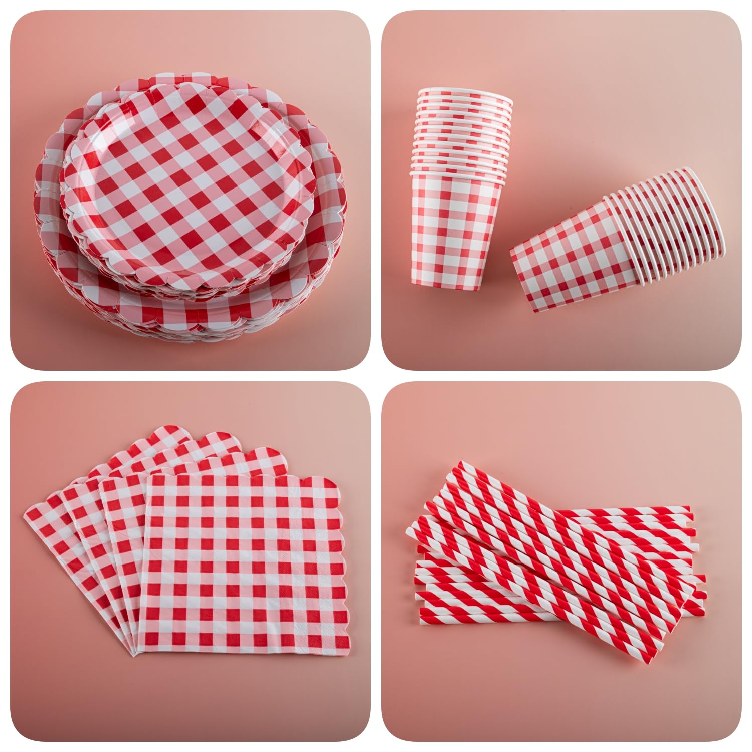 Set di piatti per feste, bicchieri e tovaglioli per 25 ospiti, include piatti di carta smerlati a quadretti rossi (17,8 e 22,9 cm), perfetti per feste, eventi e celebrazioni