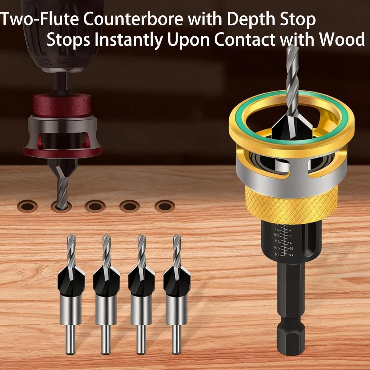 Two-Flute Counterbore with Adjustable Depth Stop, Countersink Drill Bit Set with Depth Stop 4PCS, Four-Flute HSS M2 Tapered Drill Bits and Adjustable Depths Stops Collar, for Woodworking (Red)