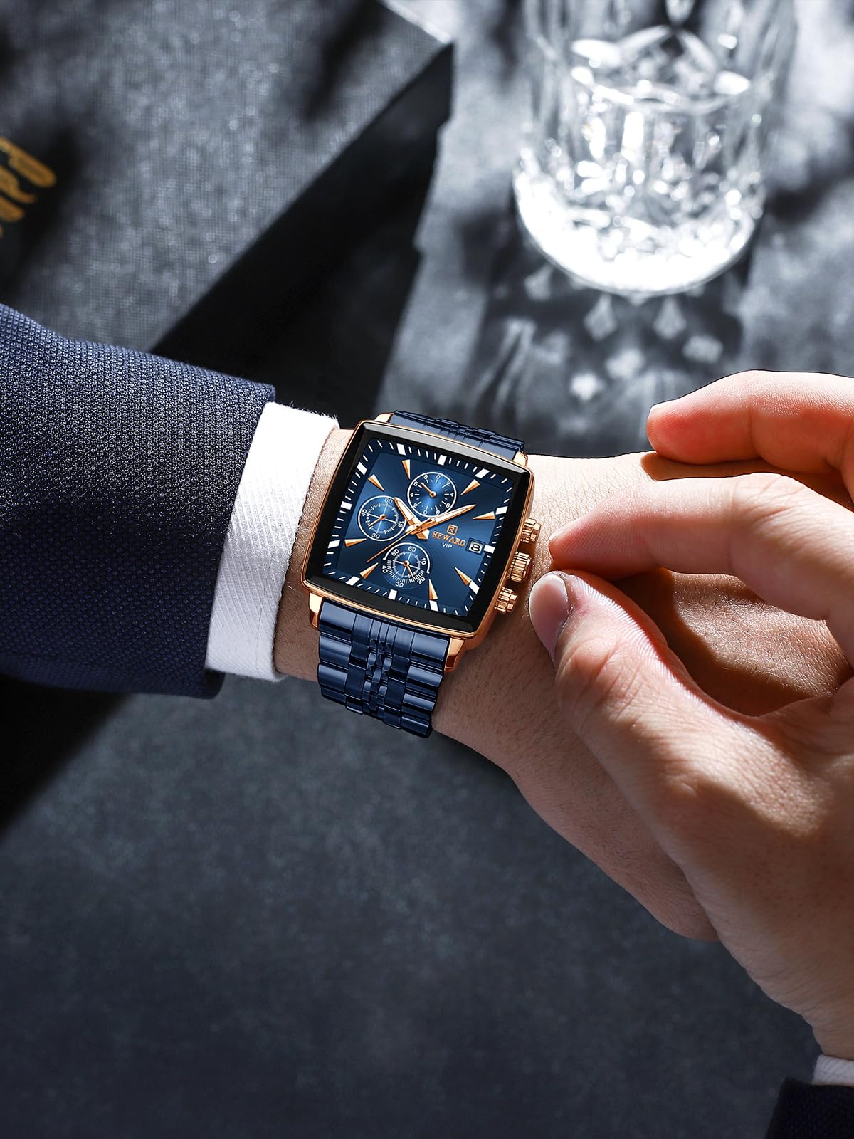 FORSINING Orologio Uomo Quadrato, Orologio Cronografo al Quarzo Business con Funzione Luminosa e Data, Impermeabile Cinturino in Acciaio Inossidabile Blu Orologio di Lusso per Uomo