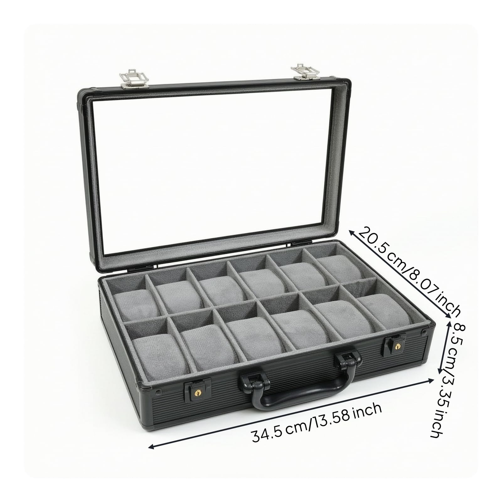 Caja Relojes con Tapa Transparente Rígido Estuche Protector para Viajes, Tiendas, Negro