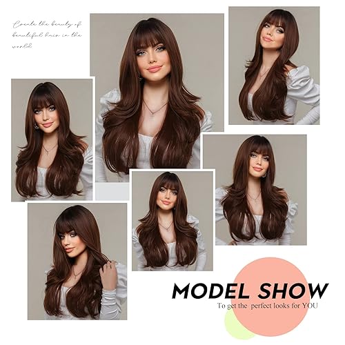 Miniatura 5 de HAIRCUBE Pelucas largas marrones para mujer peluca sintética con flequillo