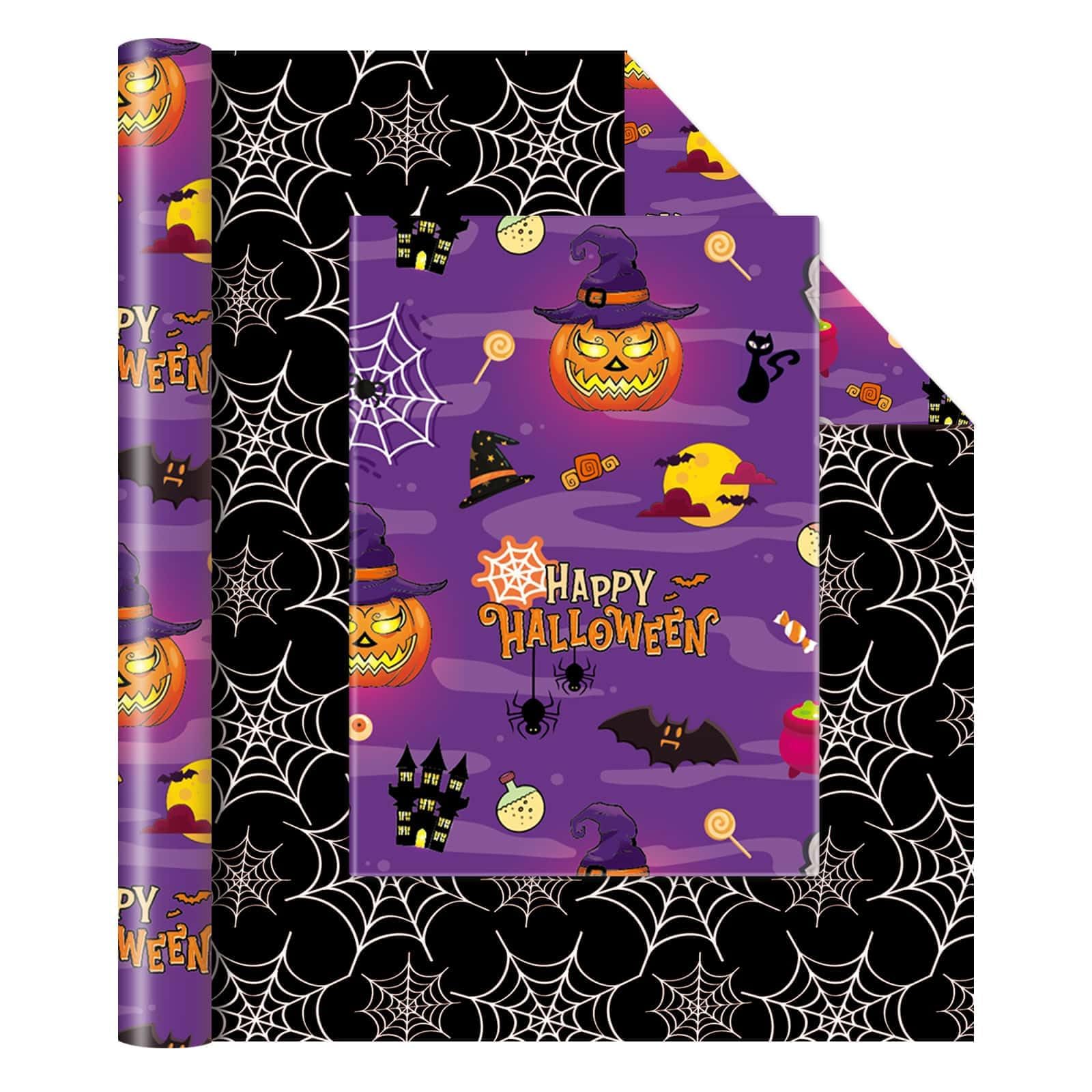 WERNNSAI Halloween Wrapping Paper Roll - 1 Roll 17” x 33 Ft Halloween Pumpkin Wrapping Paper Purple Hallows Eve Decor Paper Black Gothic Spider Wrapping Paper Baby Hallo Party Favor