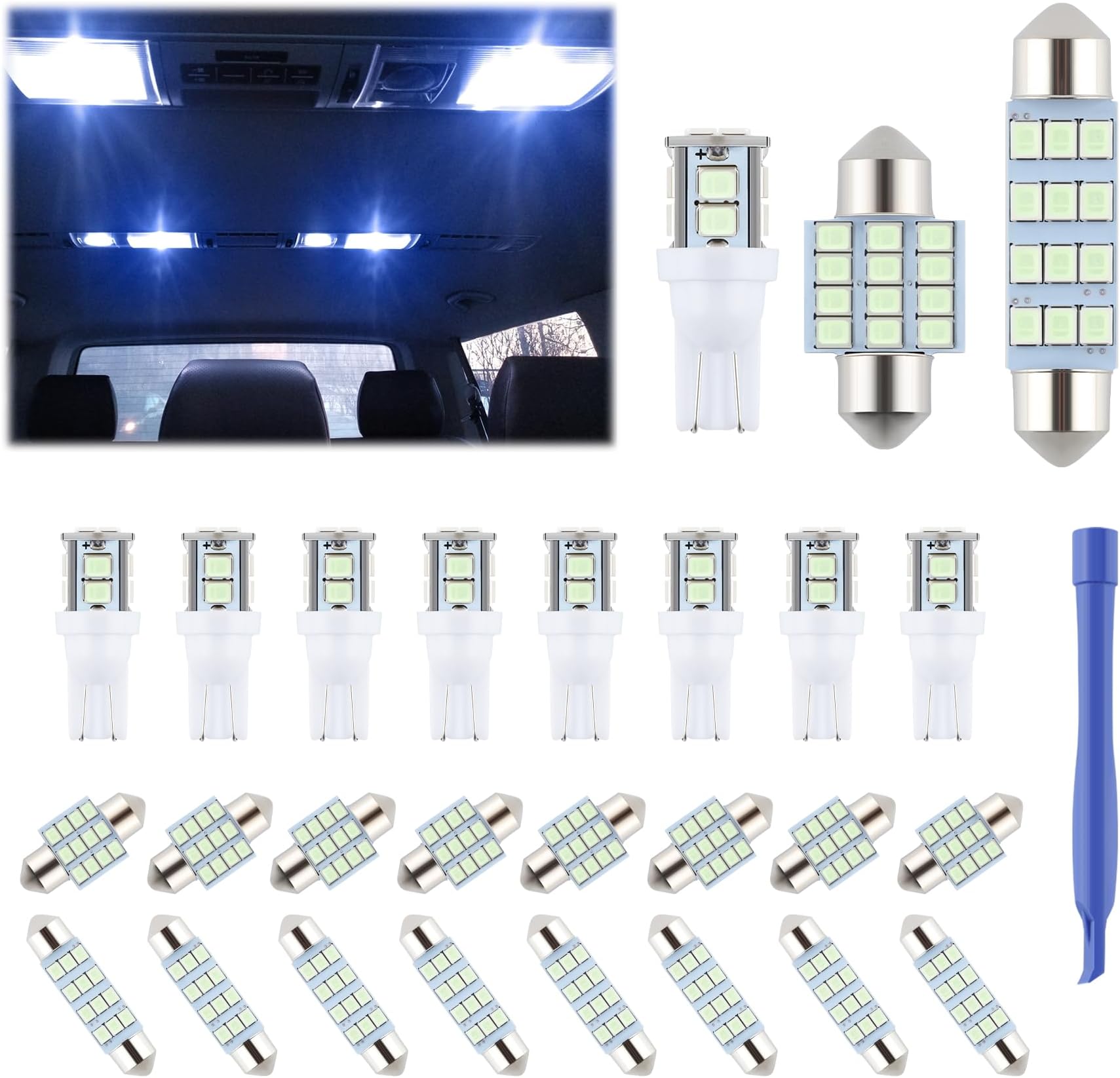 iFunyLED 24 Pieces Dome Light LED Car Interior Bulb Kit Set 194 T10 DE3175 578 31mm 42mm Bulbs Interior Replacement Lights for Car Map License Plate Door Side Marker Cornering Trunk Light - Ice Blue
