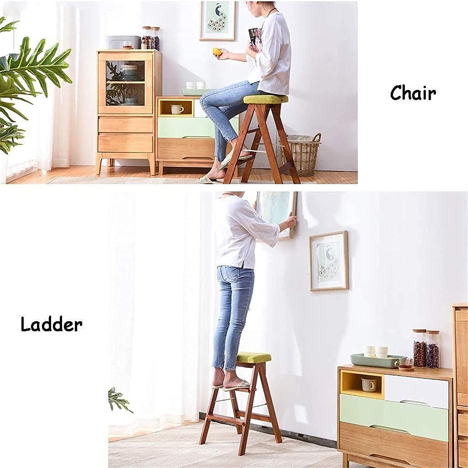 DASHADAO Taburete de Escalada para Interiores, Taburete de Escalera portátil, Taburete de Andador Plegable/Escalera de 3 Rollos, Silla, Silla de Comedor de Madera, Taburete de Esponja, Tabu