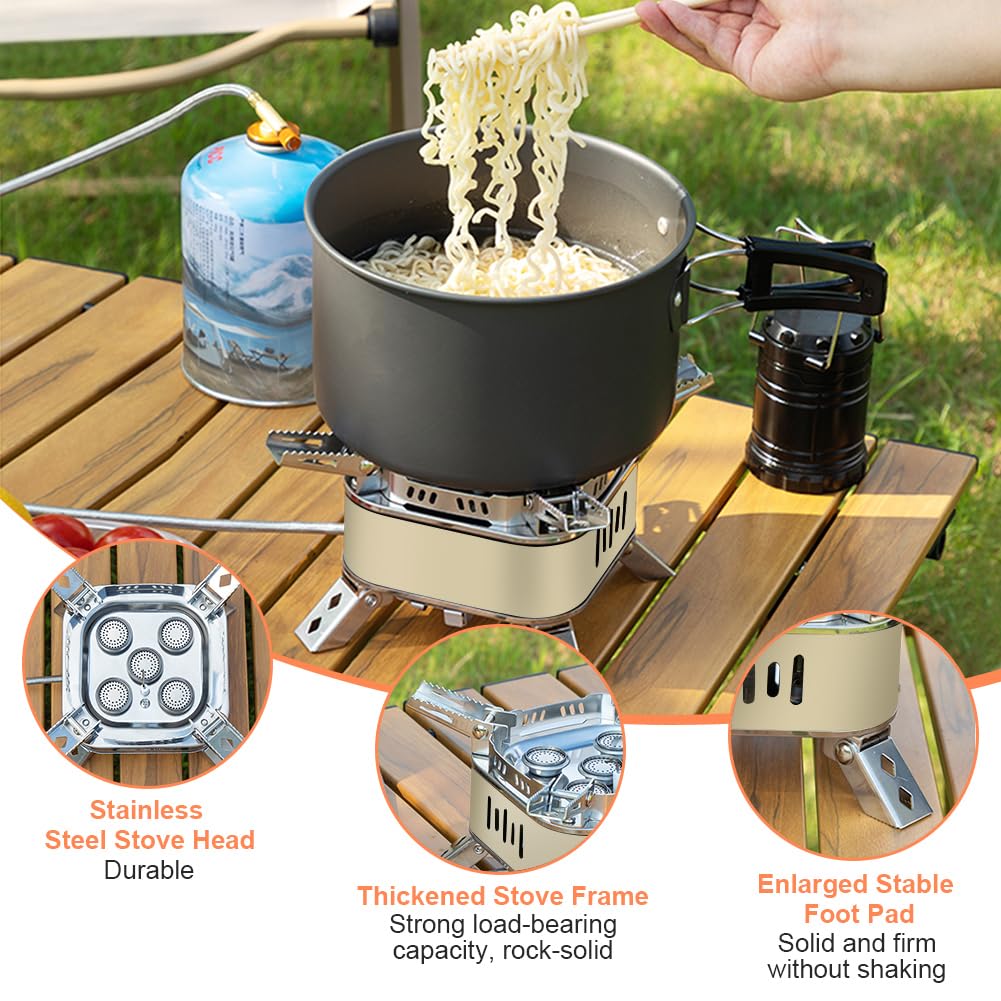 Adiwo 15800w Fornello da Campeggio, Pieghevole Gas Camping Stove Migliorato con 5 Bruciatori, Accensione Piezoelettrica e Borsa Portaoggetti, Mini Stufa da Campeggio Antivento(Cachi)