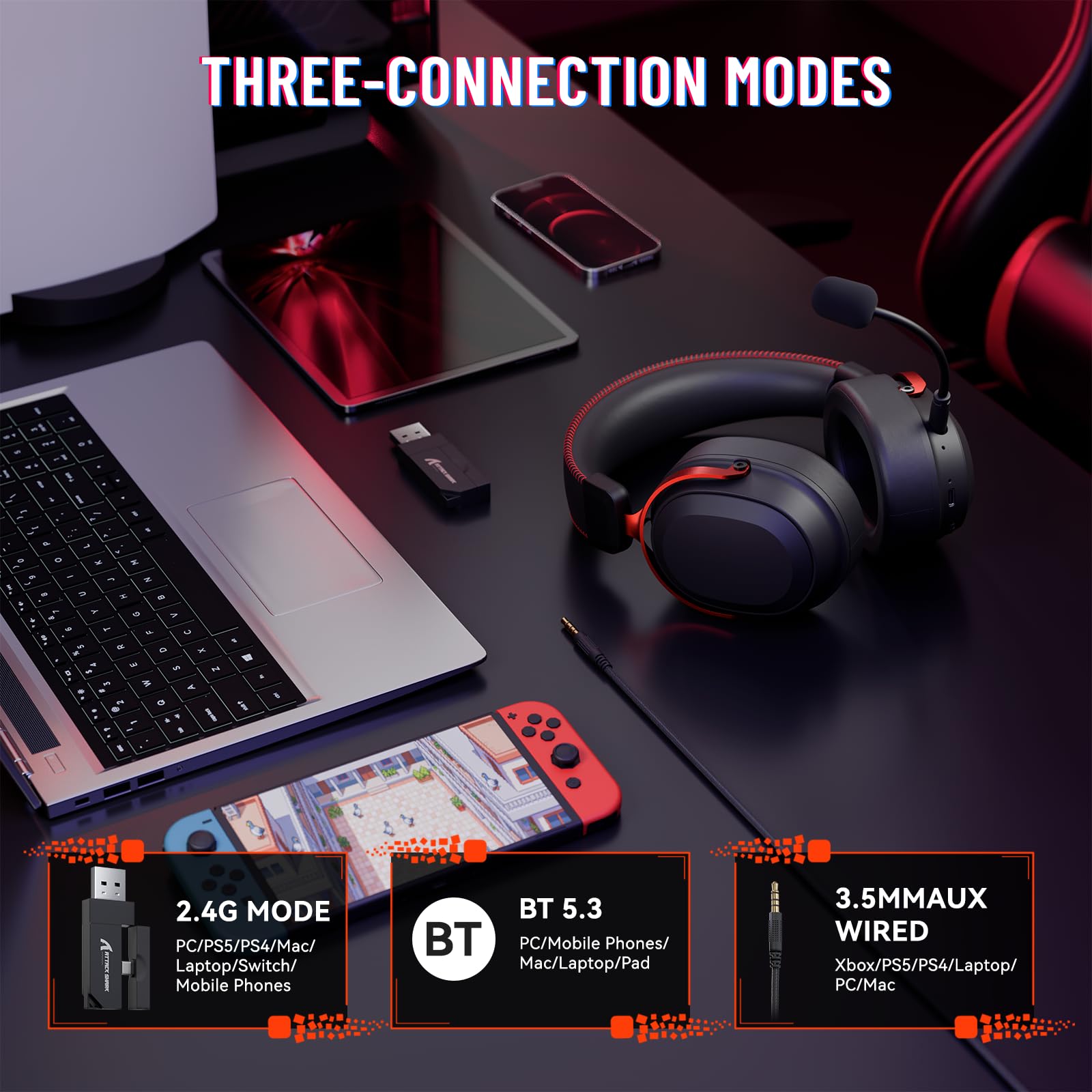 ATTACK SHARK L30PRO Auriculares Gaming Inalámbricos, Sonido Surround 7.1 Drivers 50mm, 3 Modos 2.4G/BT 5.3/Cable con Micro Desmontable para PC/PS/Xbox/Switch, 84H de Juego-Negro Rojo