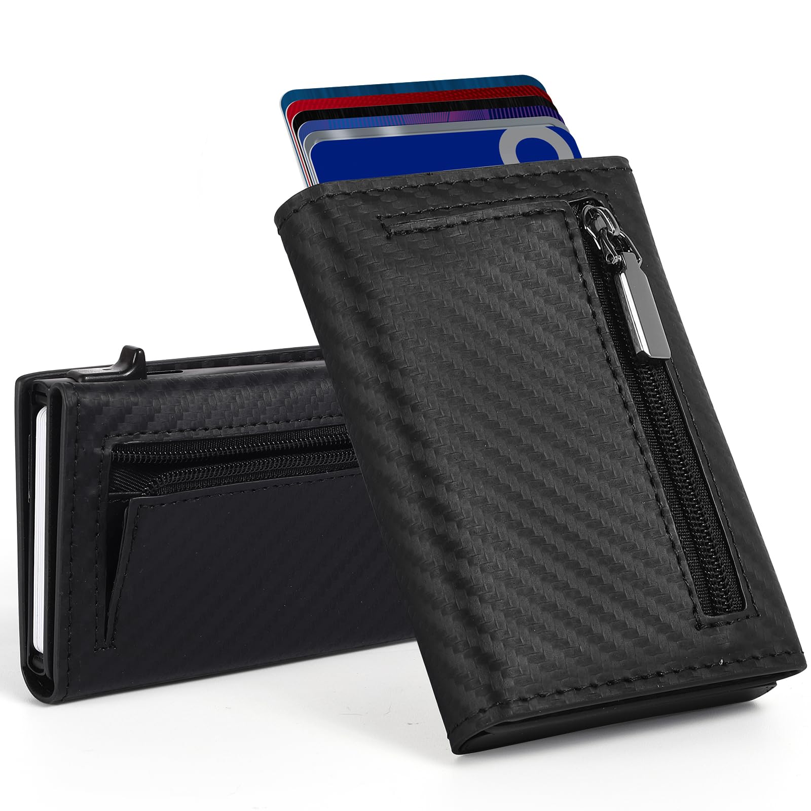 Aibirui Ultradünne Slim Wallet Geldbörse für Herren, Kohlefaser & Aluminium Dreifach Pop-up Design mit RFID-Schutz – 7 Kartenfächer, Münzfach & Ausweisfach für Scheine & Münzen