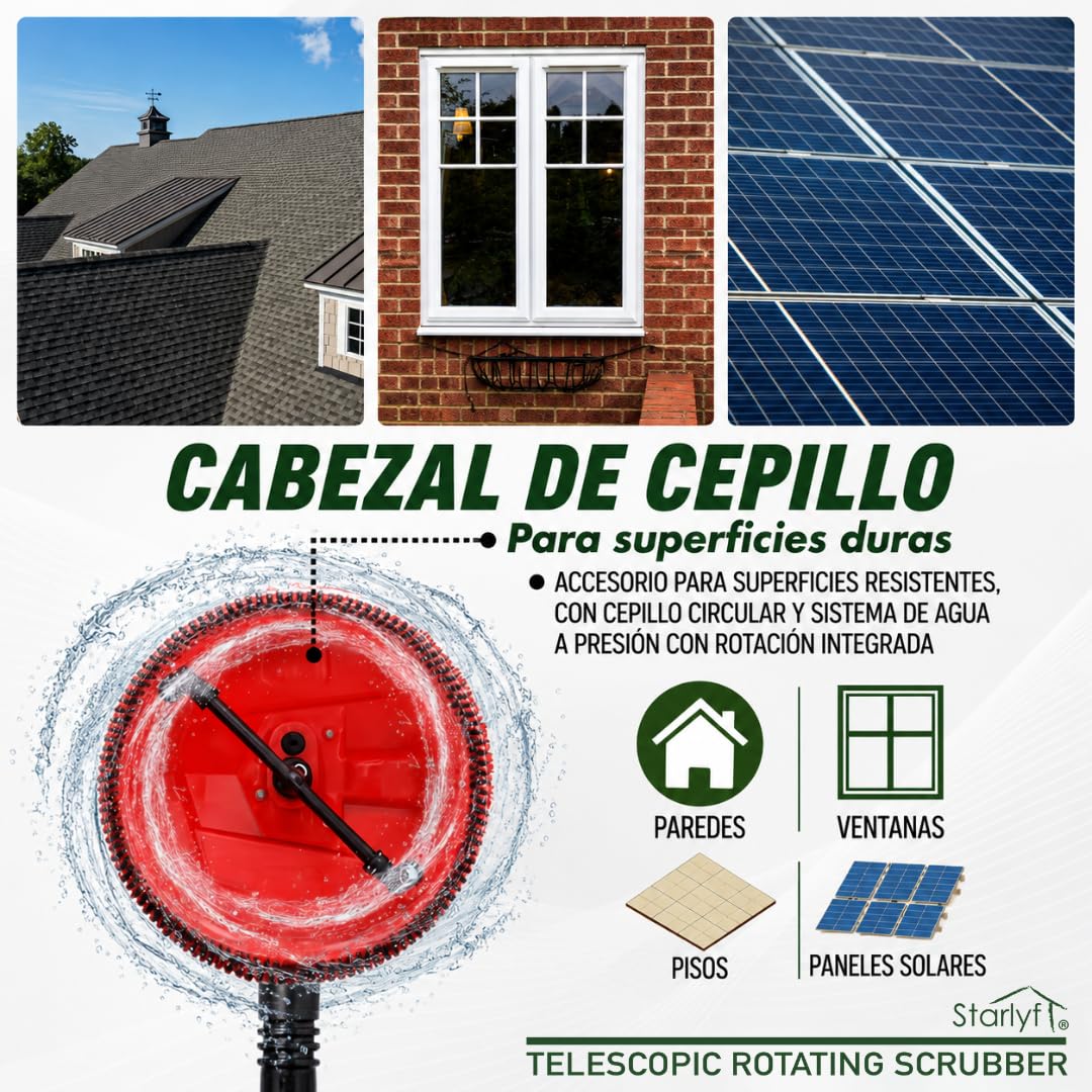 STARLYF Telescopic Rotating Scrubber - Cepillo de Limpieza Giratorio por Presión de Agua, Extensible hasta 3,6m - 2 Cabezales para Ventanas, Suelos, Coches, Embarcaciones