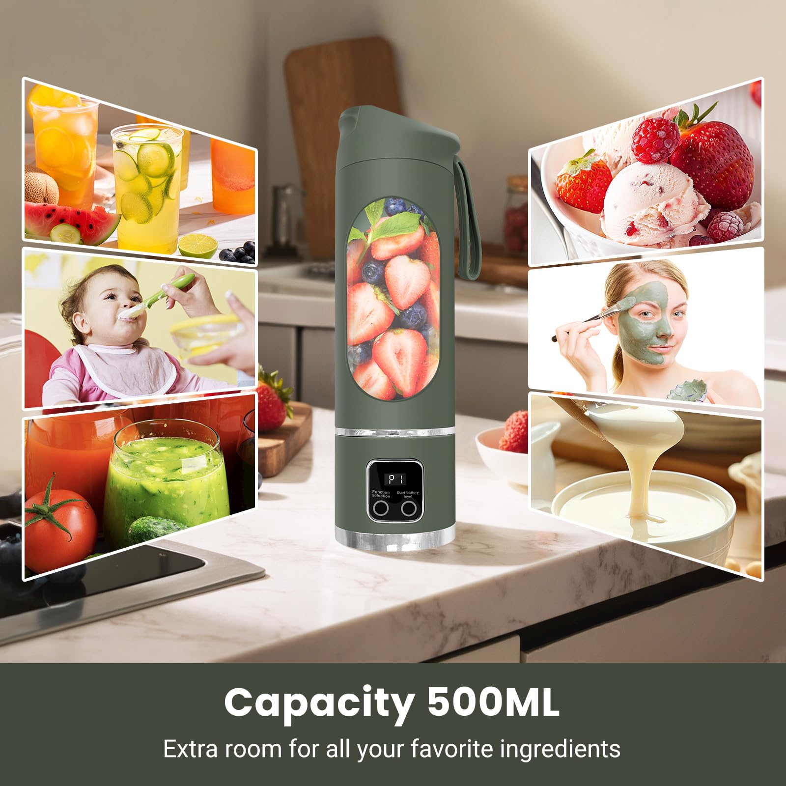 Mixeur Portable 500ml USB Personnel pour Shakes Smoothies | PCTG sans BPA, lames 304SS, 50 W, Ice Crush, USB-C, 500 ml, léger, à domicile, bureau, salle de sport, voyage (vert)