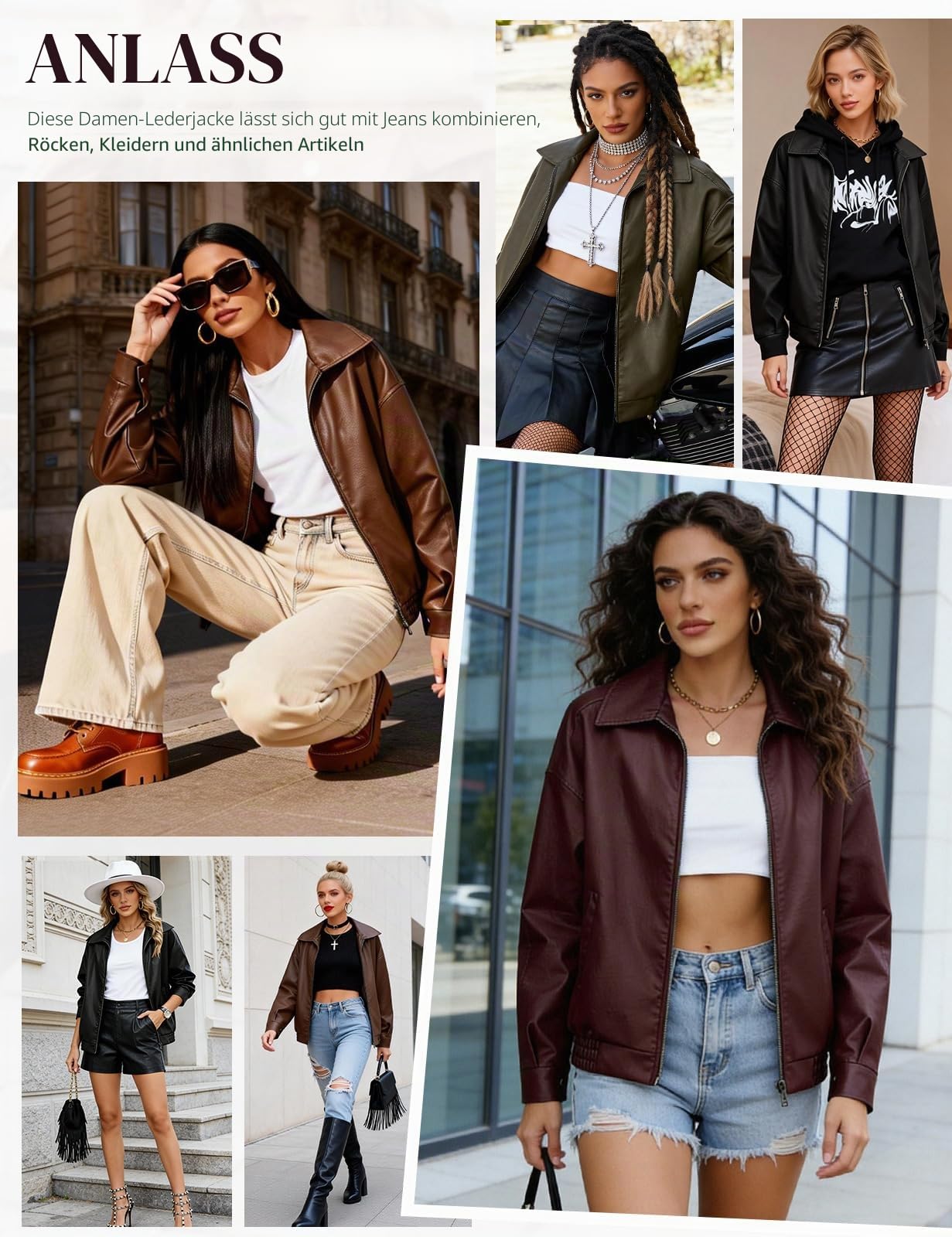 RITIOSA Lederjacke Damen Mode Kunstlederjacke Lässige Übergangsjacke Herbst Frühjahr Motorradjacke Bomberjacke Moto Biker Jacke Kurze Mantel mit Reißverschluss für Freizeit Outdoor