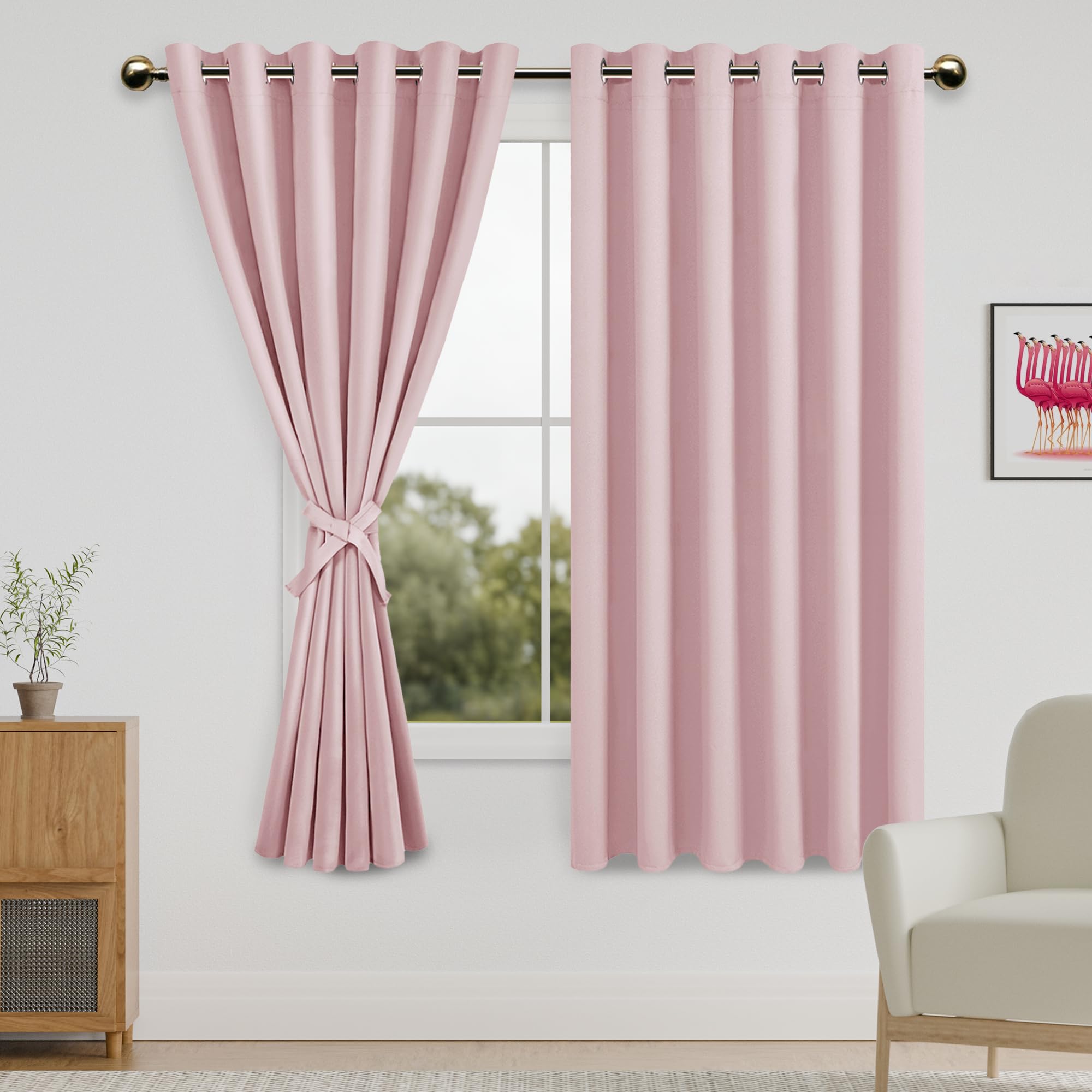DWCN Blackout Curtains for Bedroom with Tiebacks - Room Darkening Privacy Grommet Top Window Curtains for Living Room, 70 x 63 inch Length,Blush Pink,Set of 2 Panels — image 1