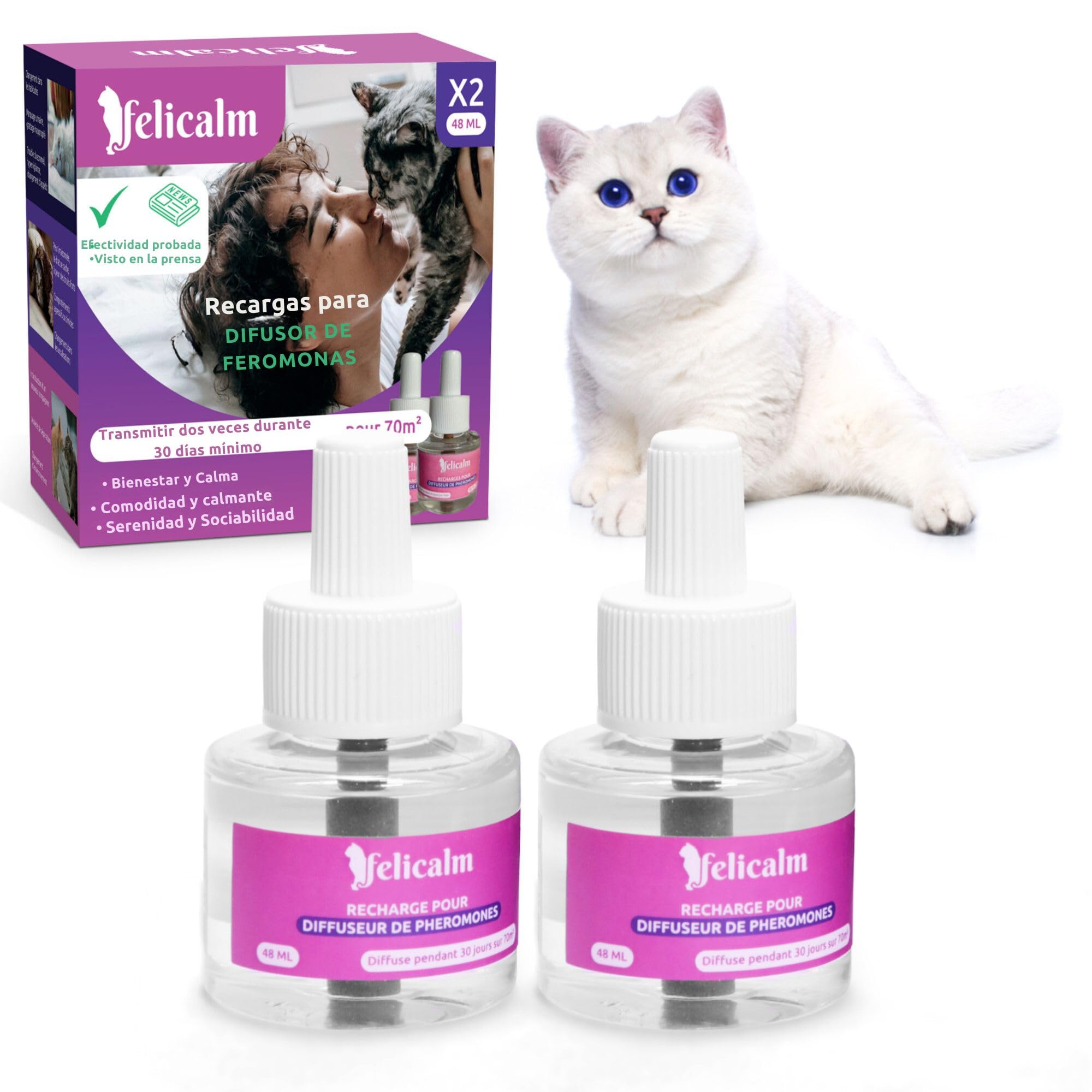 Paris -Nouvelle Formule de PHEROMONE pour Chat et Chaton -2 Recharges de 48 ML- Anti Stress pour Chat- CALMANT- Bonheur et Harmonie