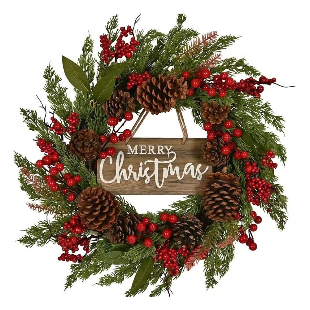 Corona de fiesta de Navidad frontal para puerta, pino artificial con bayas rojas y conos, resistente a la intemperie, decoración de pared para ventana del hogar