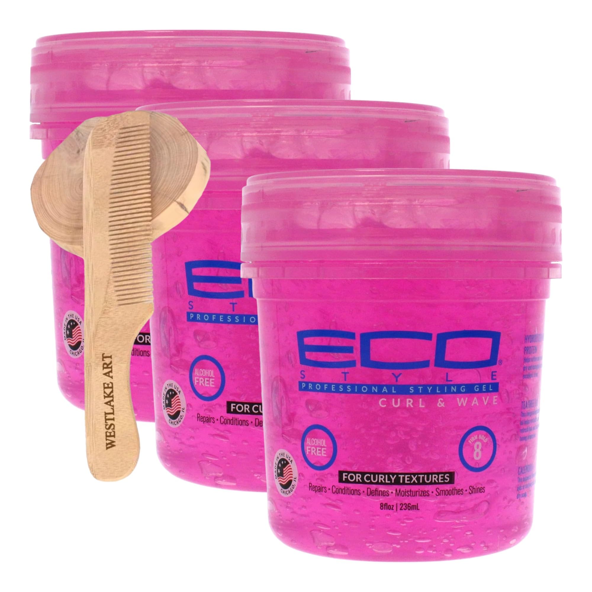 Eco Style Gel, 8 Oz-Professional Hair Gel For Women, Curling Hair Enhancer, Bundle With Wooden Comb, Moisturizing, Cruelty-Free, Ideal For Tapered Sides & Waves (Pack of 3)