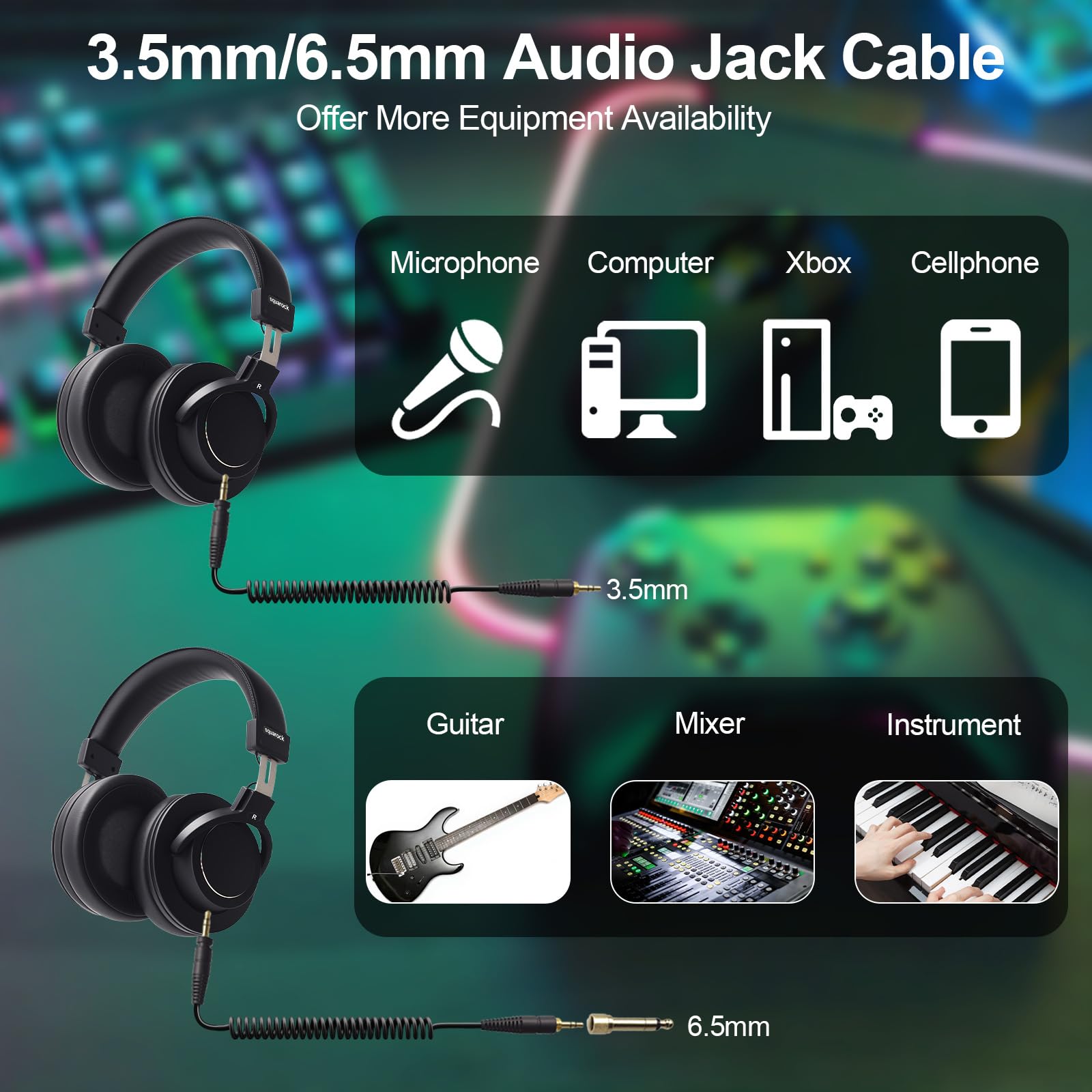 Cuffie professionali per monitor podcast/registrazione/live streaming, 3,5/6,5 mm, auricolari cablati per interfaccia audio over-ear, comode cuffie stereo da 50 mm, 32 Ω lmpedance (D1, nero)