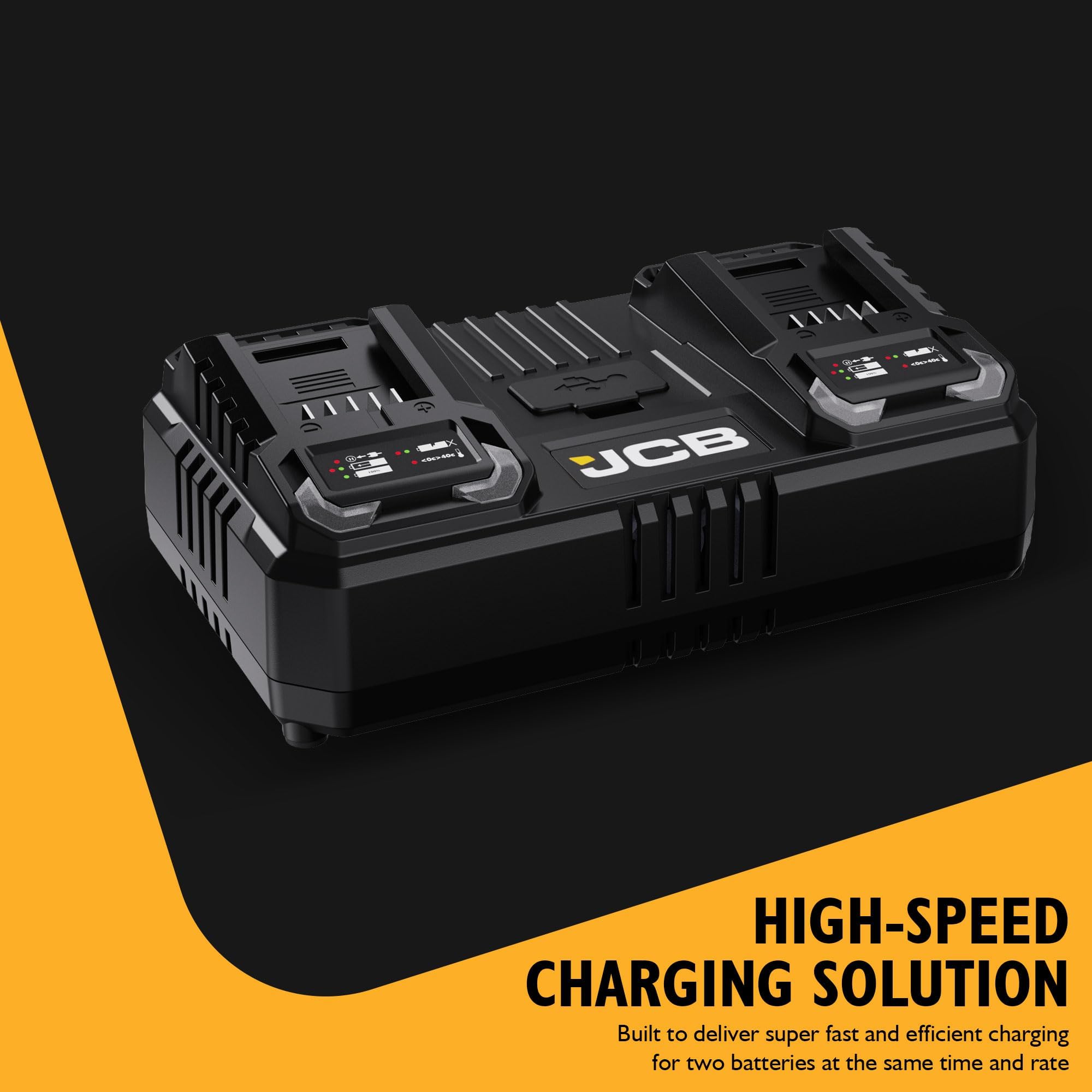 JCB Caricabatterie rapido Pro 18V Dual Port 2×4.5A con porte USB e USB-C aggiuntive - Compatibile con JCB Cordless & Professional Tools - Garanzia di 2 anni
