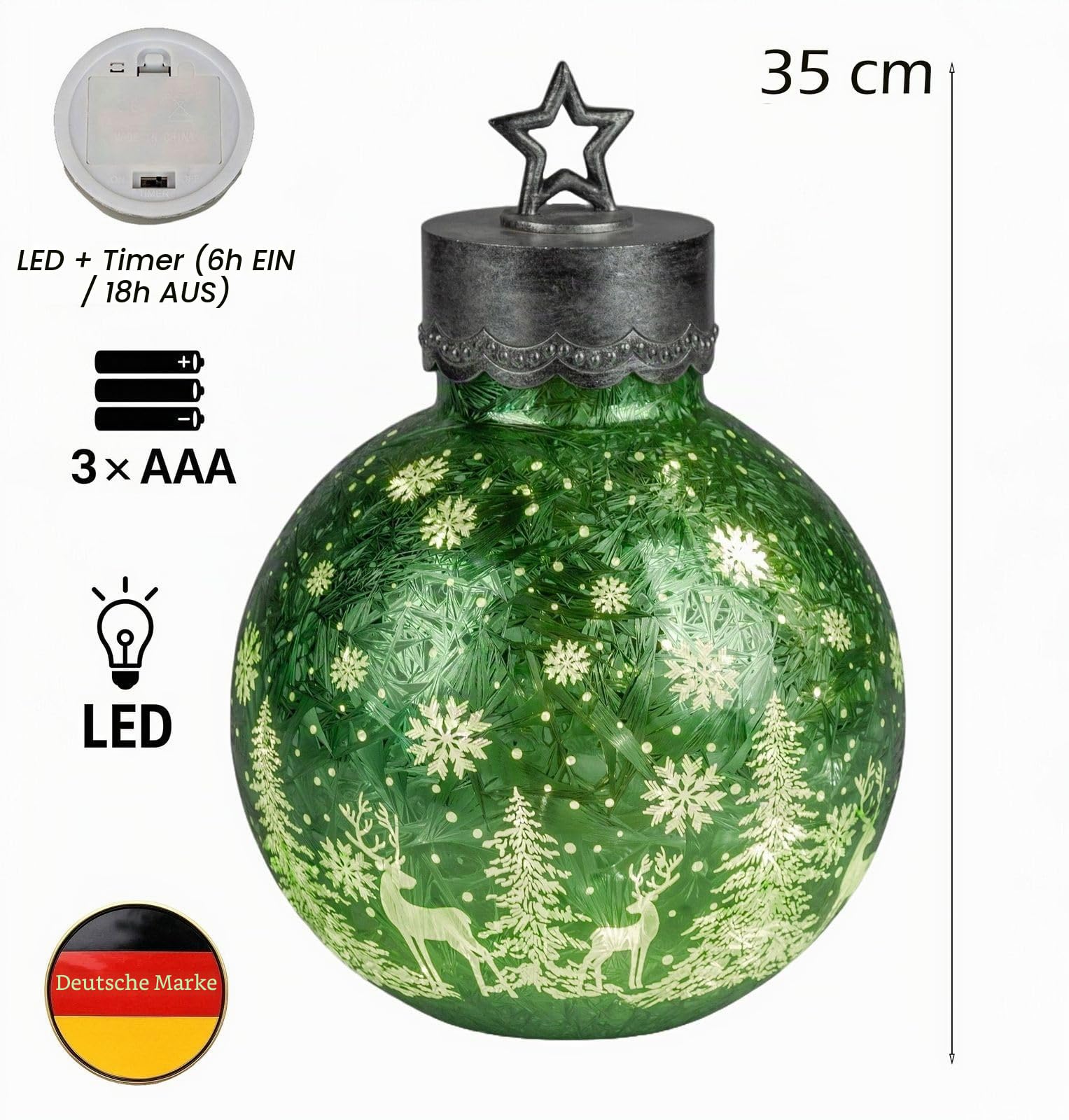 formano LED Deko-Kugel Frosty Gruen 35 cm Farb-Glaskugel Ice-Optik Timer 6h/18h beleuchtet - Batteriebetrieben - Herbst Winter Weihnachtsdeko für Tisch Regal Fensterbank