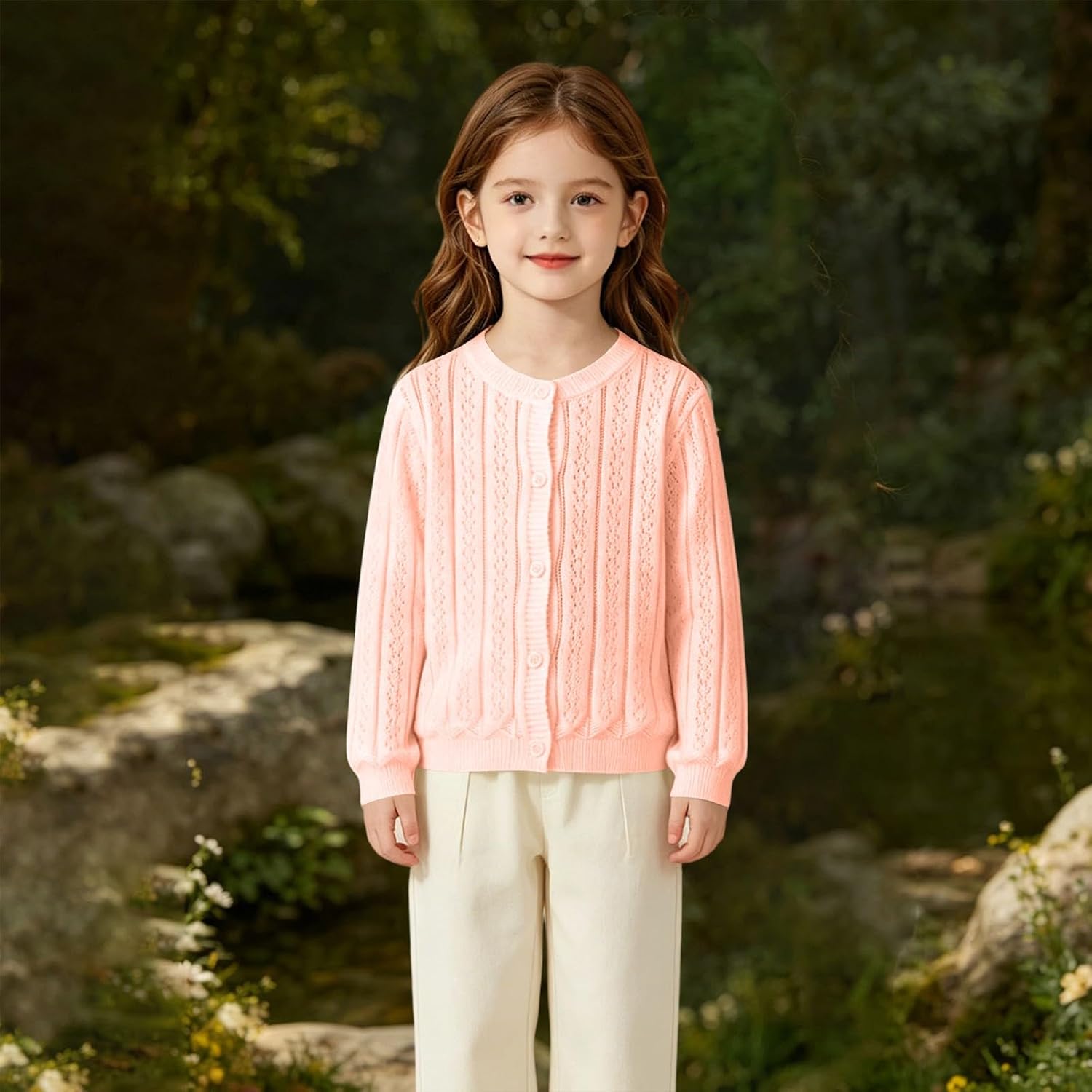 Knit Cardigan for Toddler Girls Crew Neck Hollowed School Uniform Sweater Back to School Long Sleeve Button Down Knitted