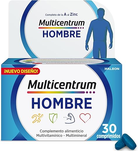 Multicentrum Hombre Complemento Alimenticio Multivitamínico y Multimineral Para Hombres, Sin Gluten, Con Vitamina C y D, 30 Comprimidos