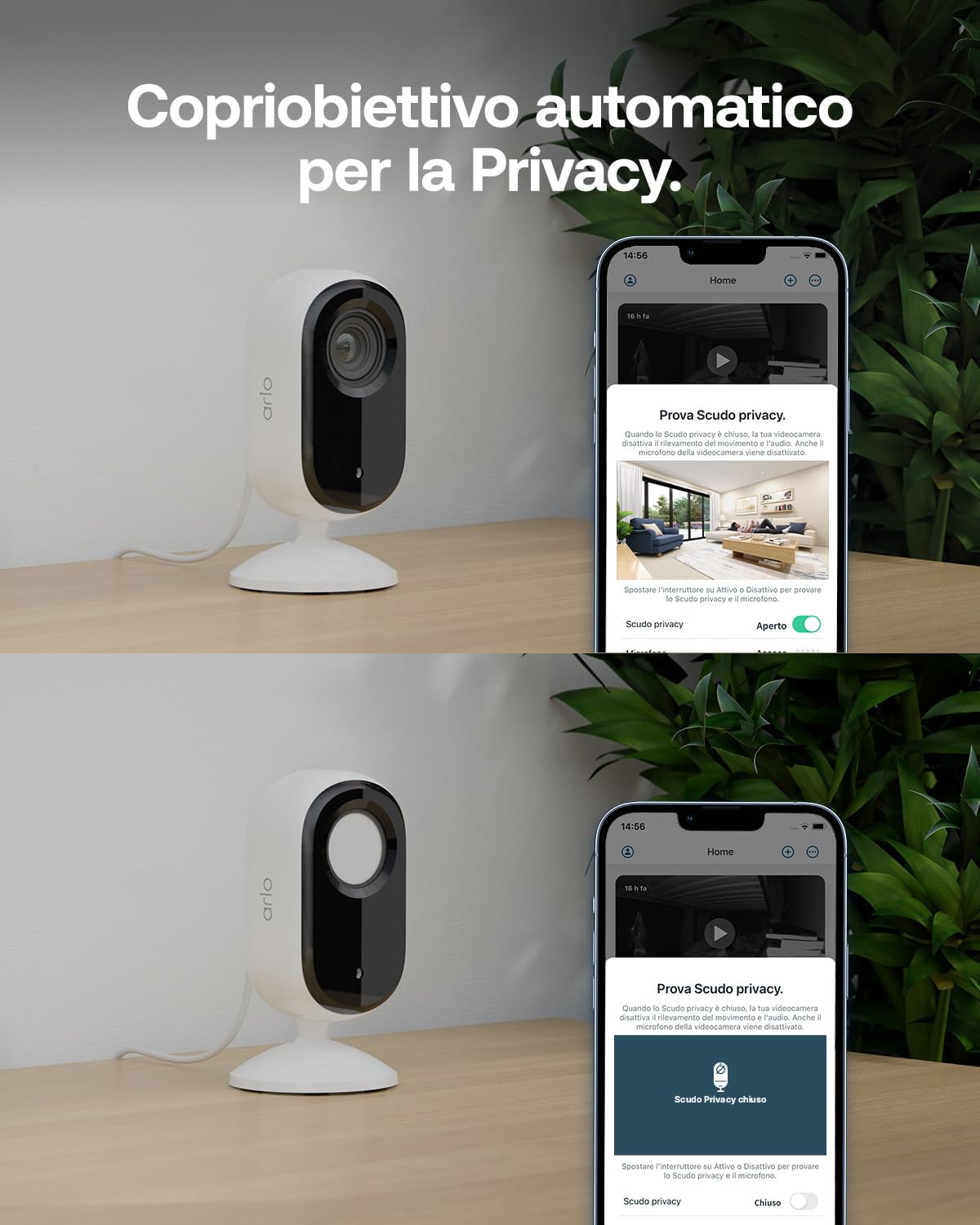 Arlo Essential 3 Indoor Telecamera per Cani/Bambini HD, Sirena Allarme Casa, Sensore Di Movimento, Visione Notturna, Prova Inclusa Secure, con copriobiettivo automatico, 2 Telecamere, Bianche