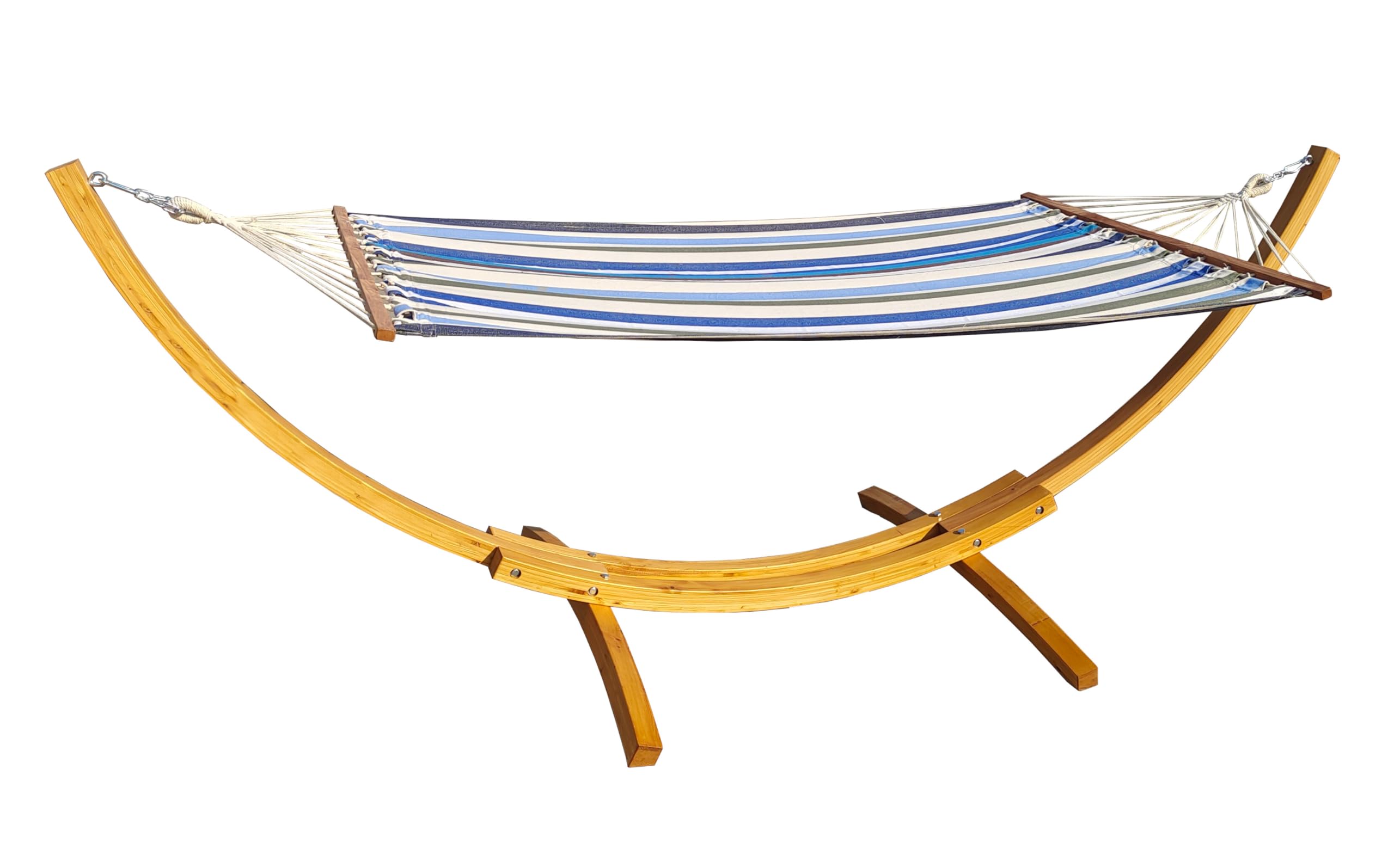 vanvilla Hängematte mit Gestell aus Lärche natufarben Lagarde 320cm x 120cm, Hängematte blau/Weiss gestreift, Edelstahlteile, Hängemattengestell Holz