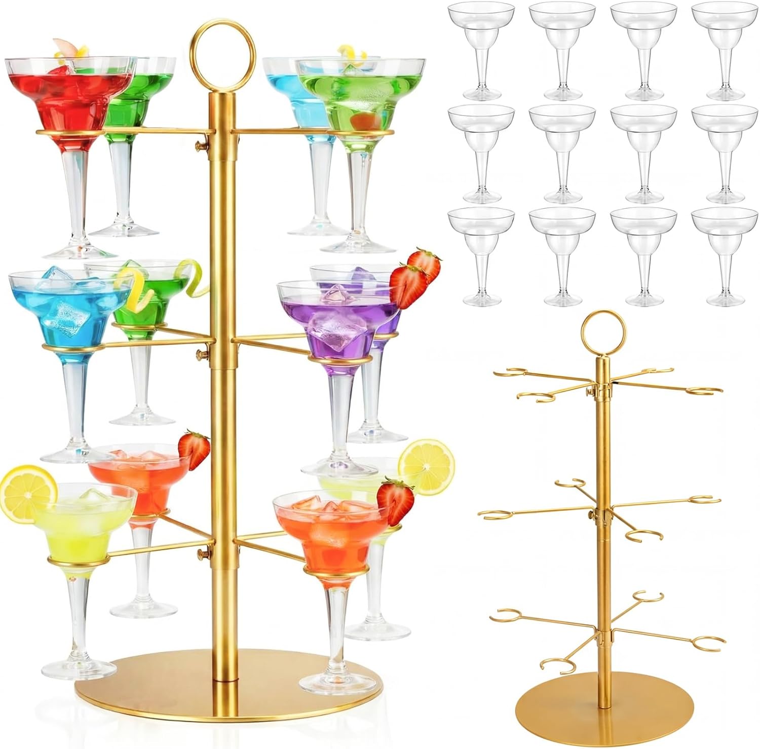 12 Pcs Plastic Glasses with Metal Champagne Tower Disposable Clear Cocktail Glasses for Party Birthday Wedding(5 oz, Champagne)