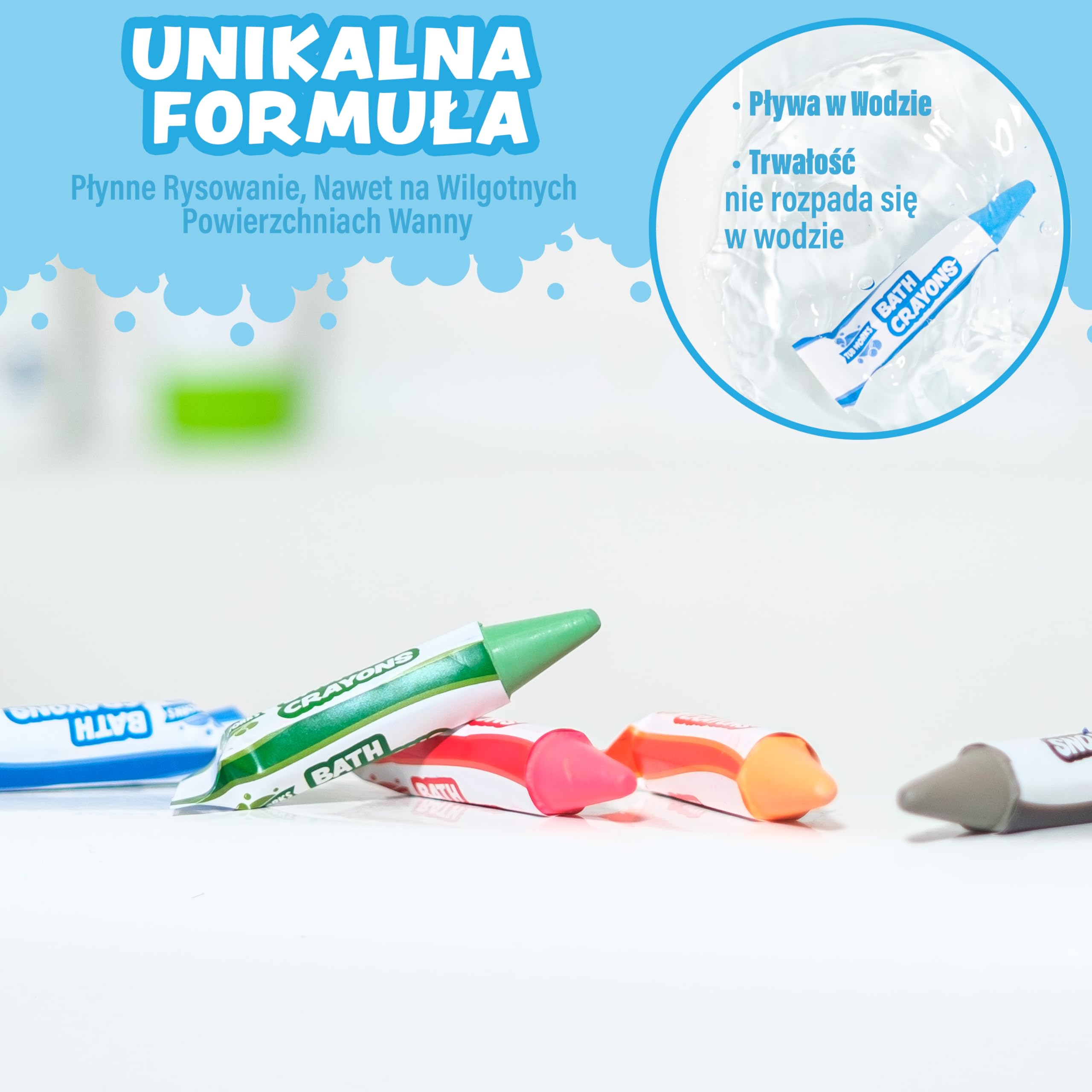 Tub Works® Kredki Do Kąpieli, 12 Sztuk | Nietoksyczne, Zmywalne Kredki do Kąpieli Dla Maluchów & Dzieci | Gładko & Żywo Rysować Na Mokrych & Suchych Ścianach Wanien | Kąpieli z Sześciokątnym Uchwytem