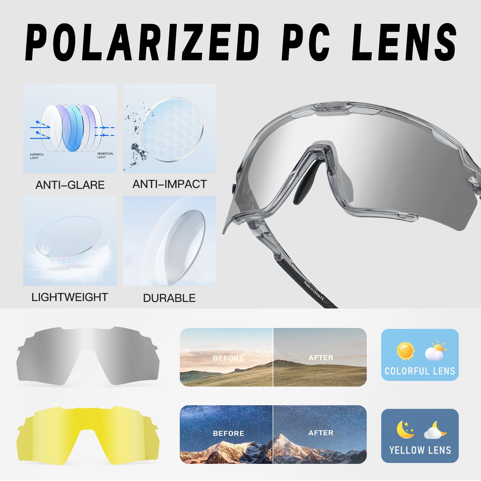 Polarisierte Fahrradbrille für Herren und Damen, PC-Gläser, UV-Schutz, Sport-Sonnenbrille für Laufen, Baseball, Softball