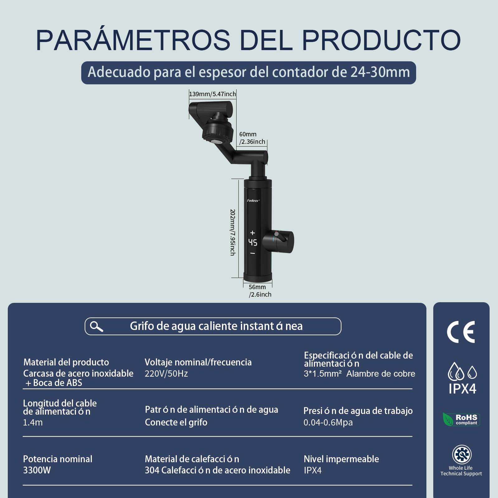 Grifo de agua con calentador de paso con tobera universal para cocina,Armadura de acero inoxidable con calentador de paso suministro con pantalla digital, 230v Grifo eléctrico