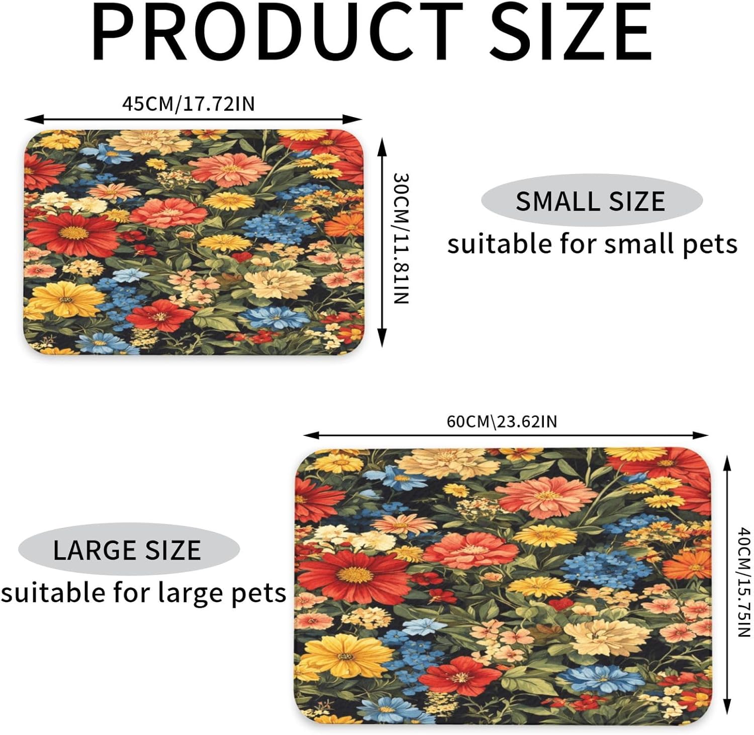 Colorful Flowers (3) Pet Food Mat Dog Non-Slip Feeding Mat Cat Bowl Mats Pets Placemat for Food and Water 40x60cm