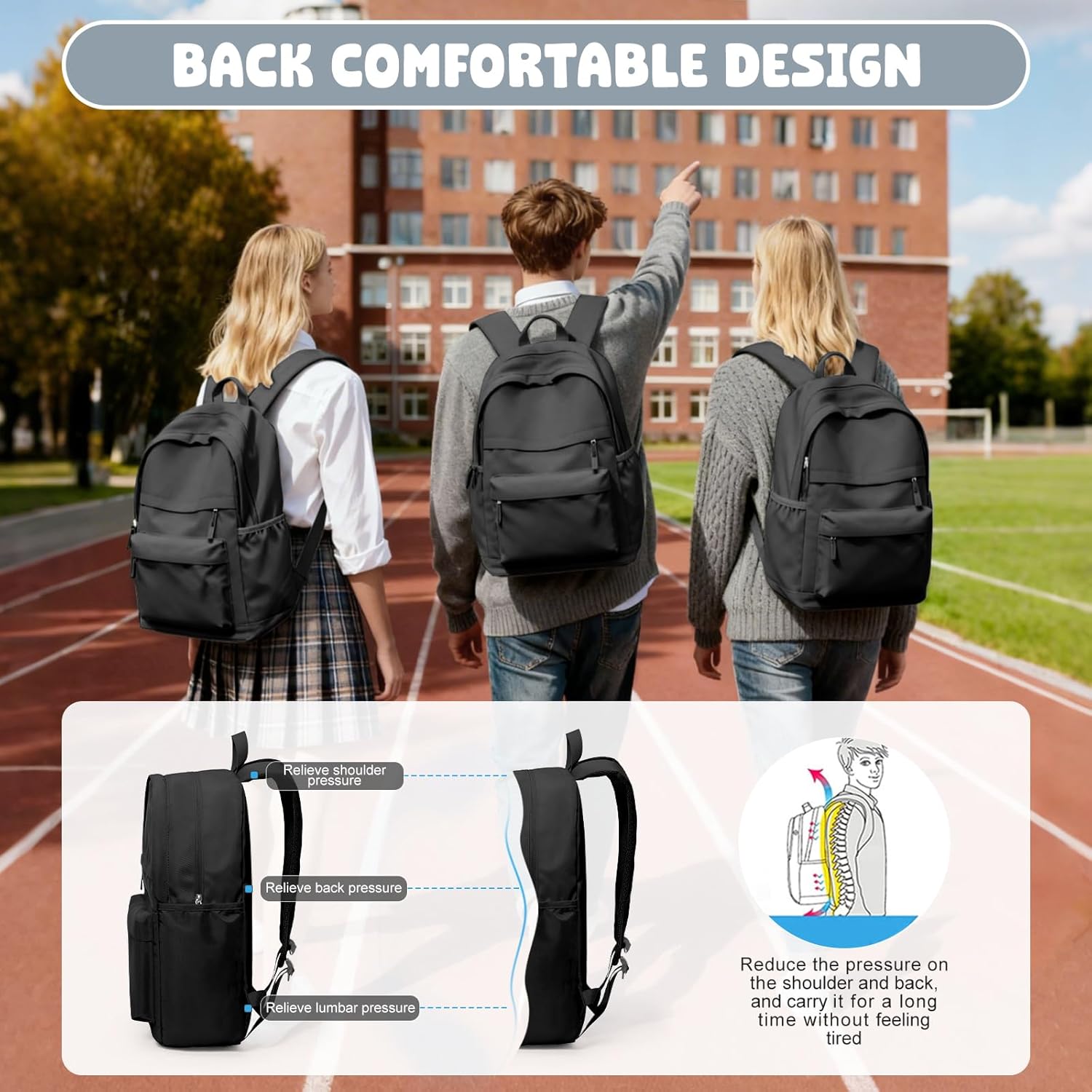 VECAVE School Backpack Black College High School Bags backpack for Boys Girls Teens Waterproof Bookbag Casual Lightweight Travel Rucksack Daypack Backpacks for Men Women - Image 5