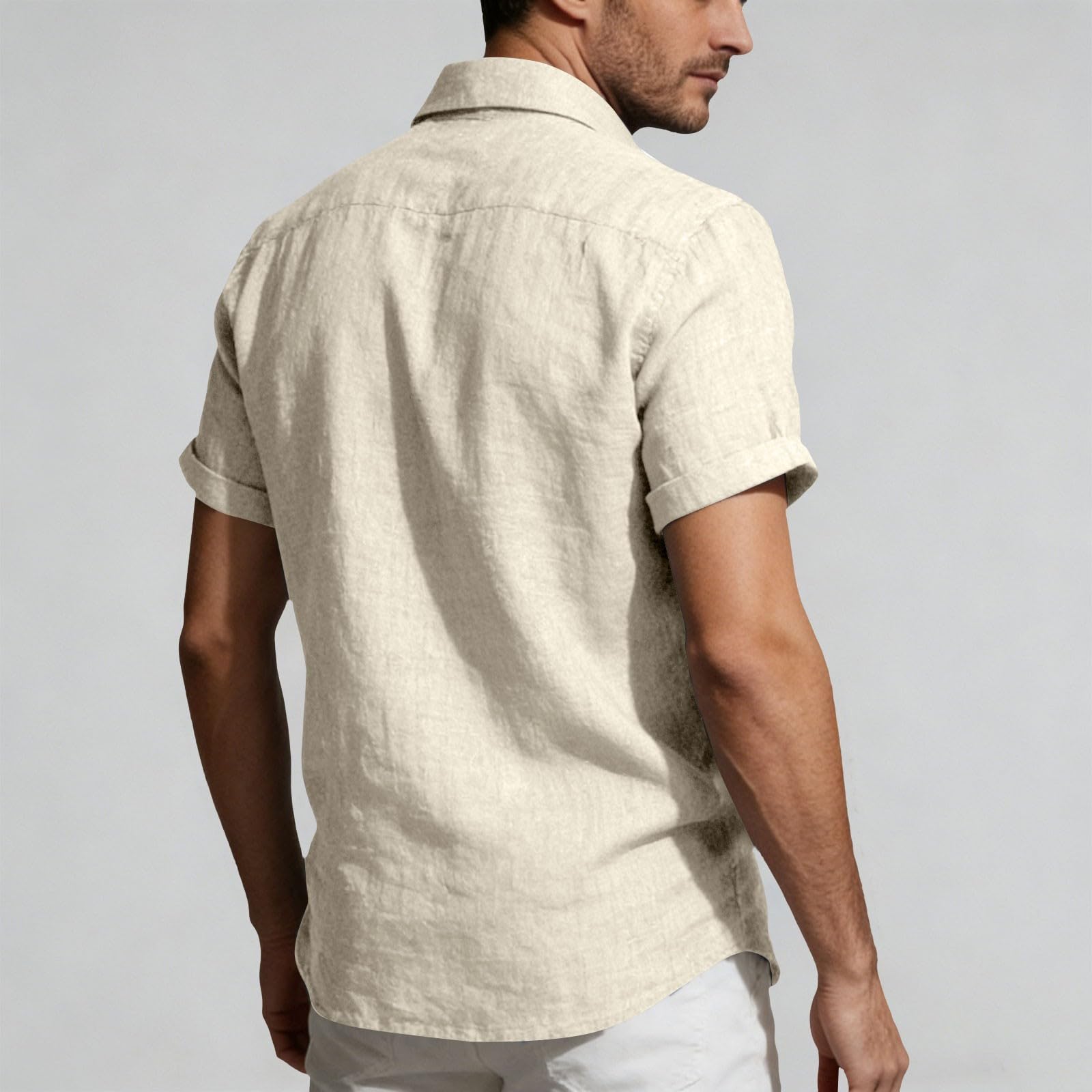 Generico Camicia Uomo in Lino Texturizzato con Bottoni E Tasche, Maniche Corte Estive Ideale per Vacanze al Mare E Uscite Casual