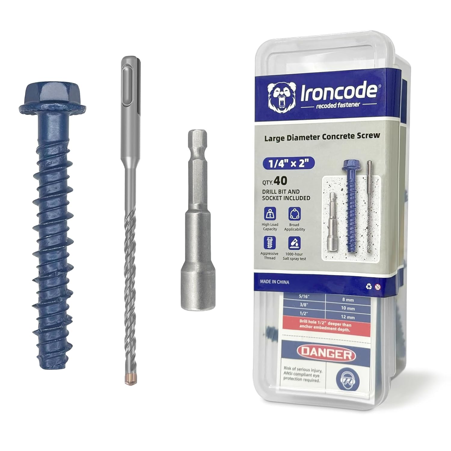 1/4 x 2 Heavy-Duty Hex Head Concrete Anchors, 40 PCS, Corrosion Resistant Blue Climaseal Coating, Outdoor Rated Use, Concrete Block and Masonry Brick Screws