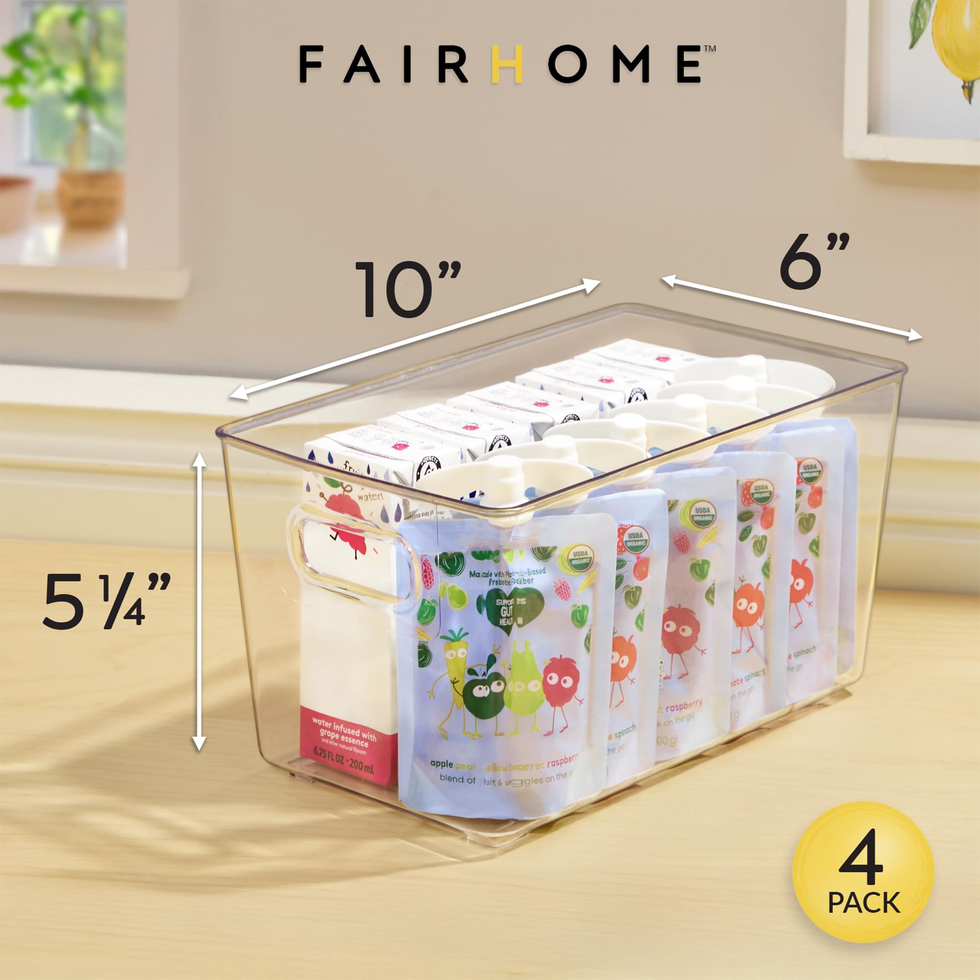 FairHome Set of 4 Clear Plastic Storage Bins With Handles, Containers To Organize Pantry, Fridge, Cabinet, Kitchen, Countertop, Closet, Cupboard, Home Organization and Storage
