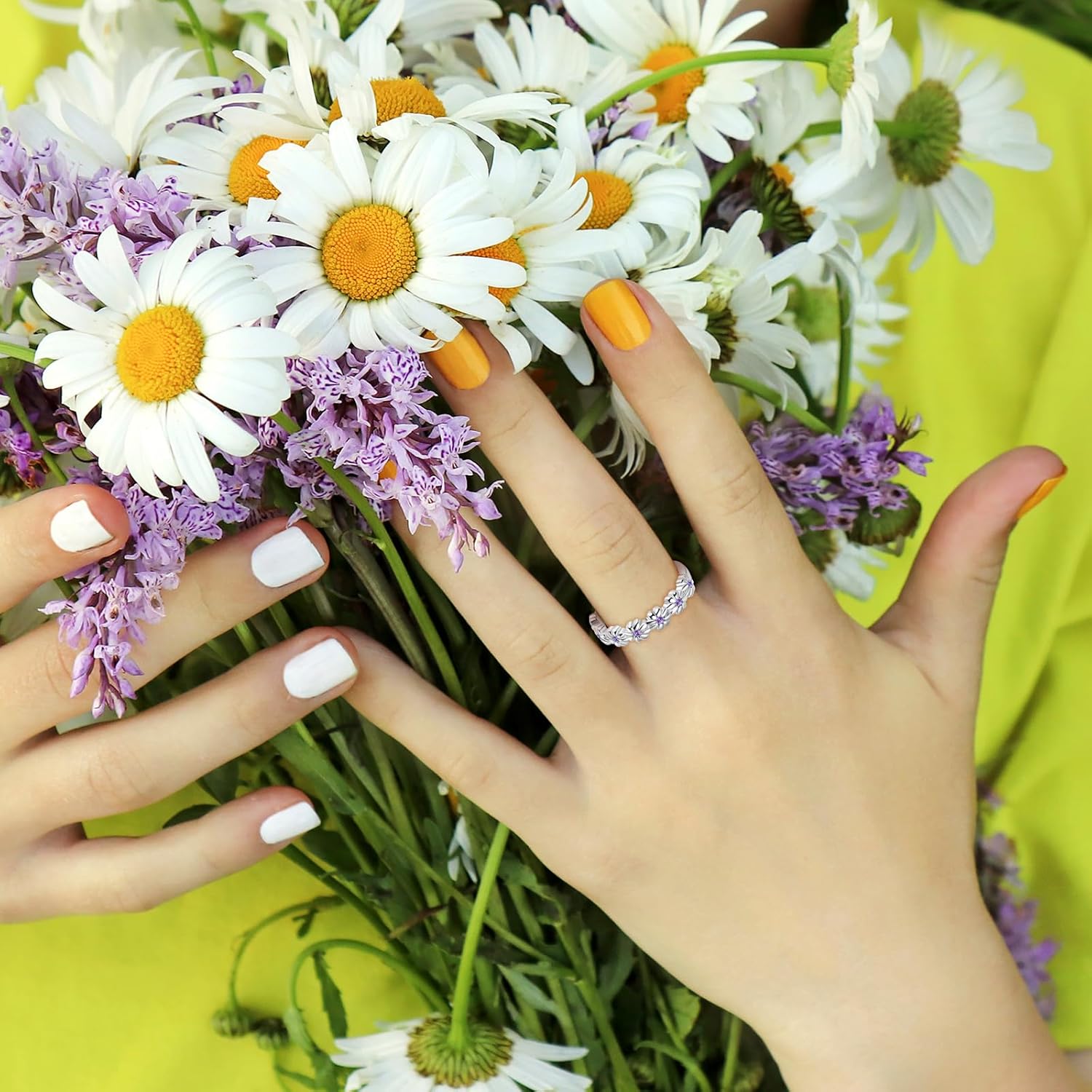 Dainty Daisy Ring for Women, S925 Sterling Silver Cubic Zirconia Sunflower Flower Ring For Daughter, I Think Of You Every Daisy Ring, Birthstone Flower Ring