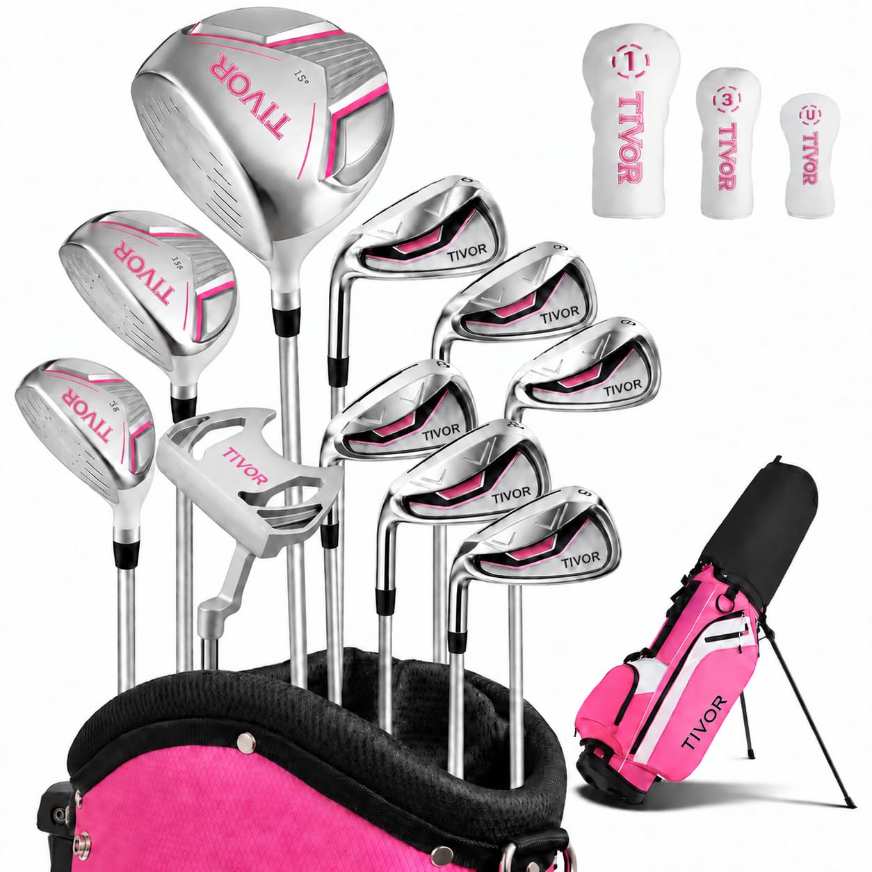 Golf Clubs Set Complete 14-Piece with Driver Fairway Hybrid Irons Putter Stand Bag &amp; 3 Headcovers for Men Women Right Left Handed - Beginner Golf Sets Pink Black