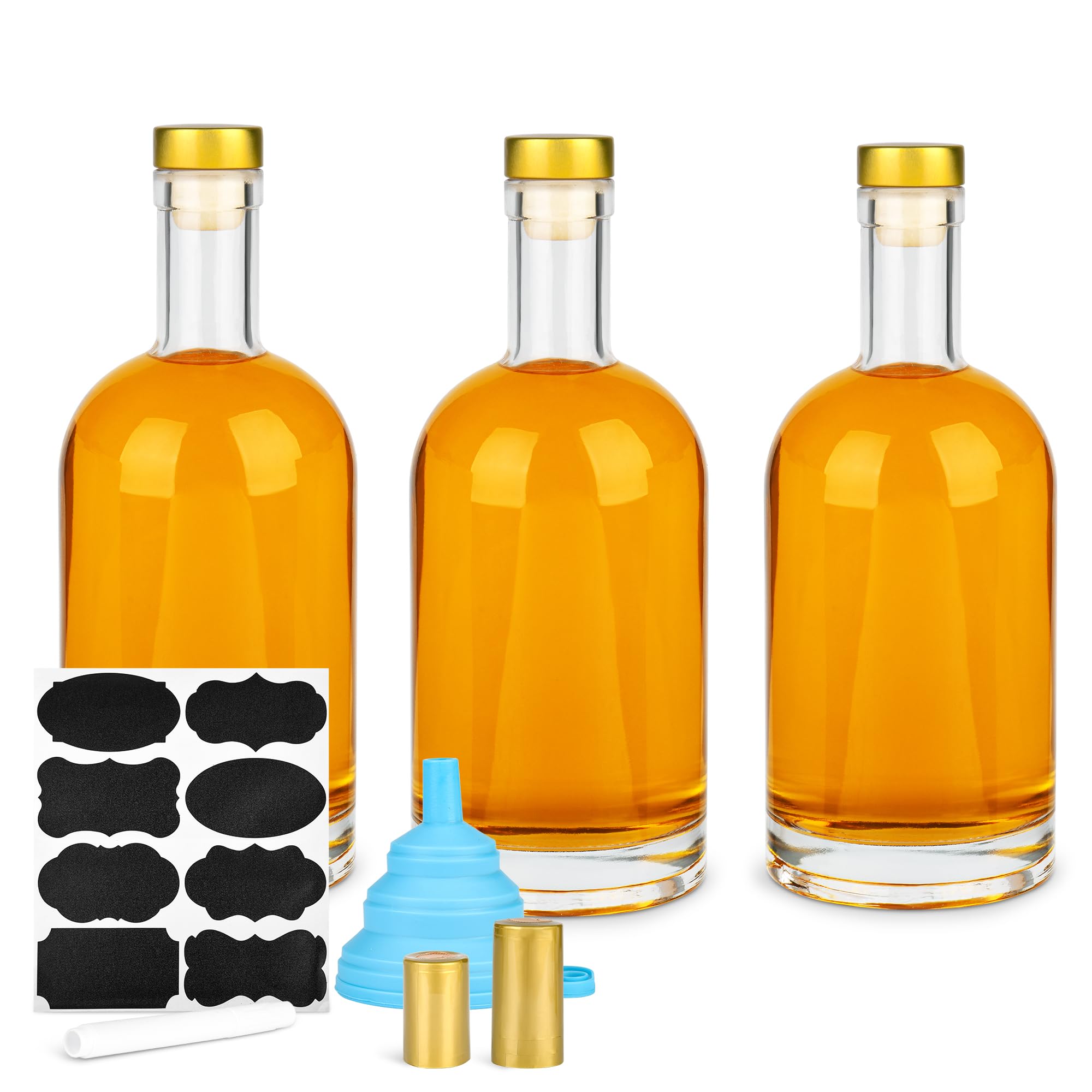 BSL 33 oz (1000ml) Glass Bottle with T-Top Cork, Heavy Bottom Vodka Bottle for Wine, Juice, Milk, Whiskey, Sauce, Gift Giving，3pcs
