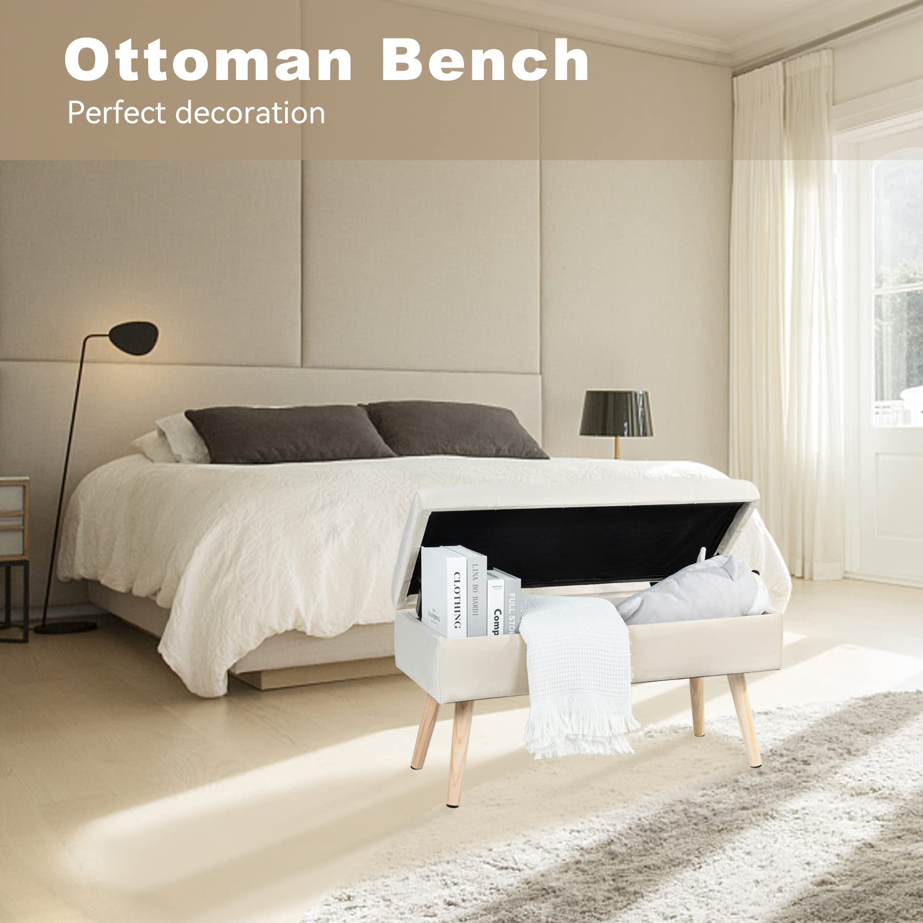 Hawthyhome Sitzbank mit Stauraum 80 × 35 × 43 cm, Sitztruhe mit Aufbewahrungsbox Truhenbank Samt Polsterbank mit Holzbeine für Flur Wohnzimmer Schlafzimmer Beige