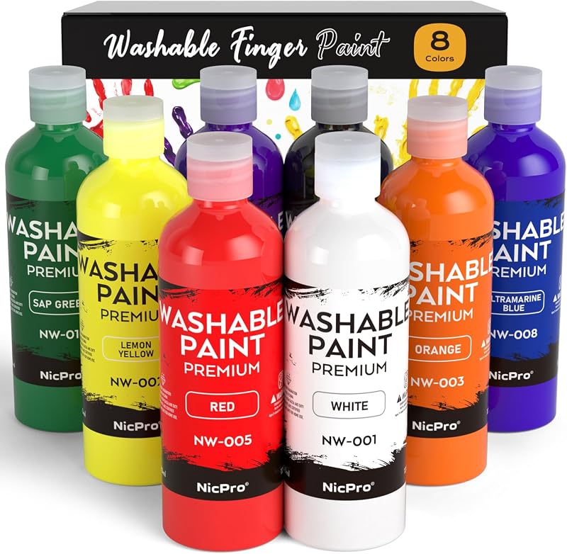Nicpro Juego de pintura para dedos lavable de 8 colores para niños pequeños (4 oz), no tóxica | Pintura segura para manos y pies para bebés, suministros de arte para pintar con los dedos sin ensuciar para niños de 1 a 3, 4, 5 y 6 años, regalos de aprendizaje preescolar