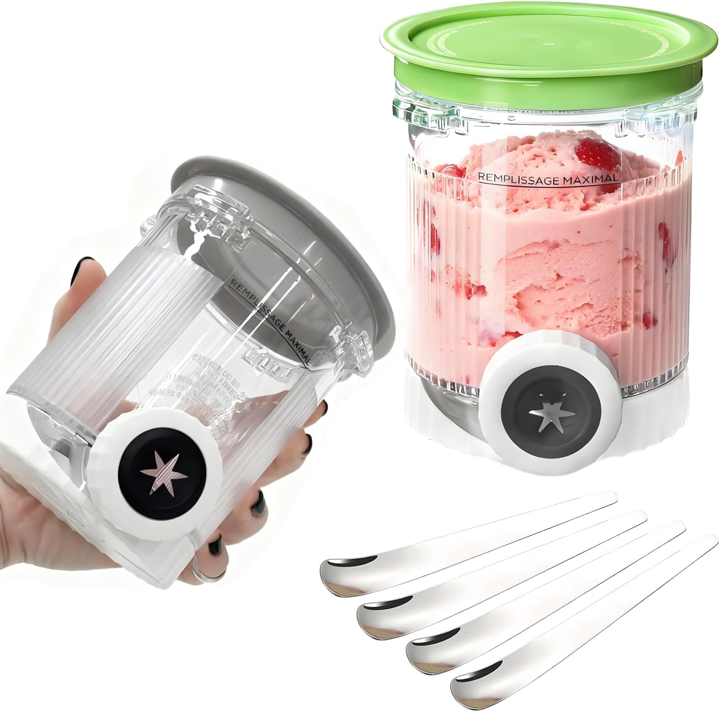 Creami Pints and Lids Compatible with NC700 Series Ninja Swirl Ice Cream & Soft Serve Makers - BPA-Free, Dishwasher Safe, Pints with Leakproof Lids & 4 Dessert Spoons (2 pack-Grey & Green)