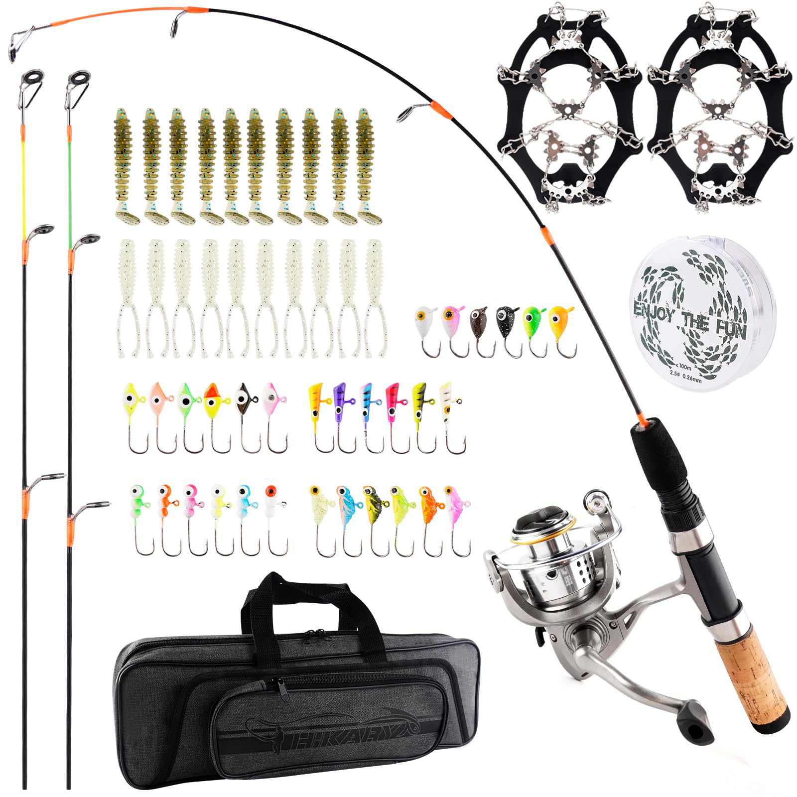 Hikary Eisangelrute und Rolle Combo Set Carbon Tragbares Komplettset mit Tackle Bag Ice Jigs Ice Cleats Spinnrollen Schnur Köder Haken Geeignet für Anfänger Winter