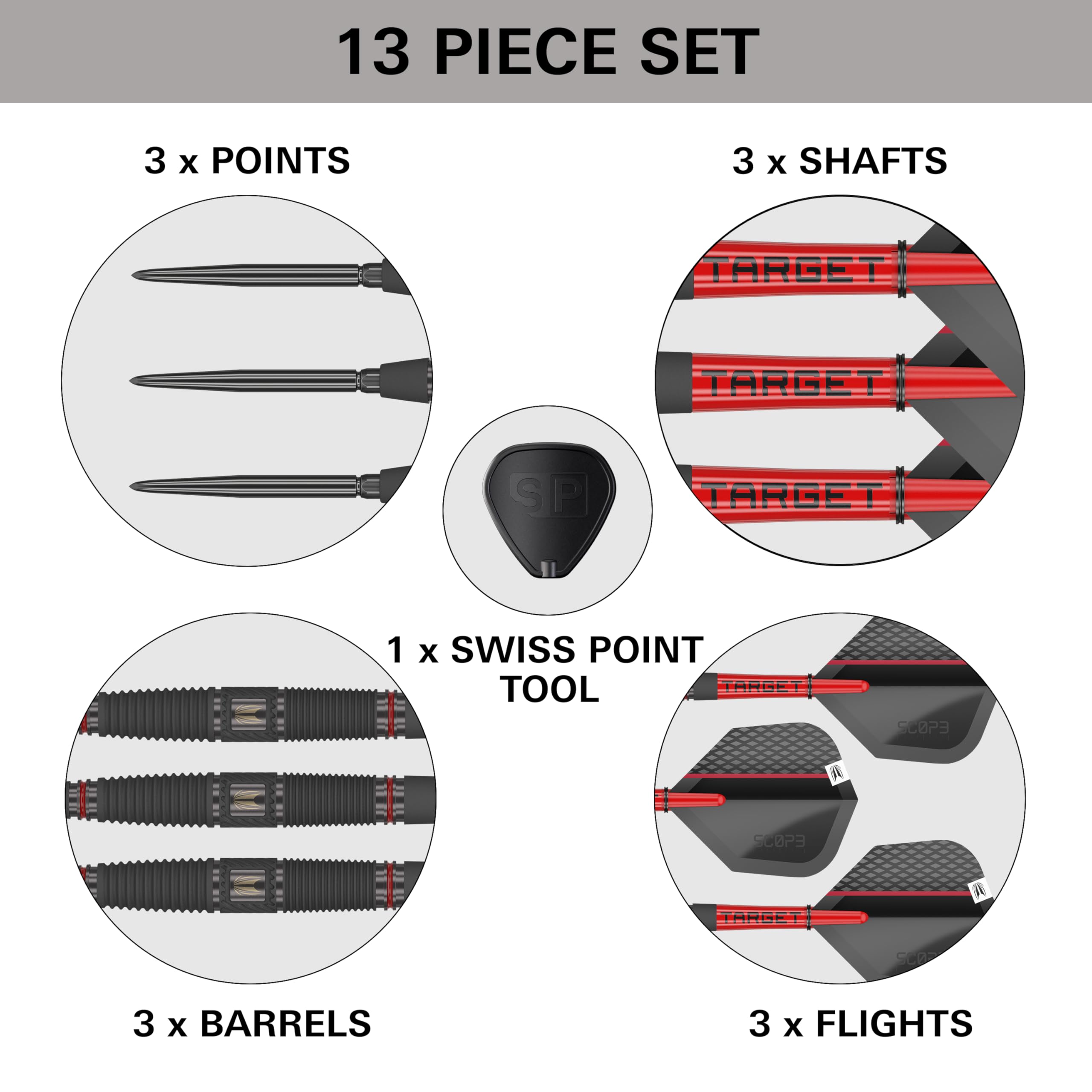 Target Darts Scope Steel Tip Swiss Point Darts, zestaw rzutek z 90% wolframu | Rzutki ze stalową końcówką, czerwone i czarne rzutki, profesjonalny zestaw | Barrel 01/02/03/04-21G/22G/23G/24G/25G