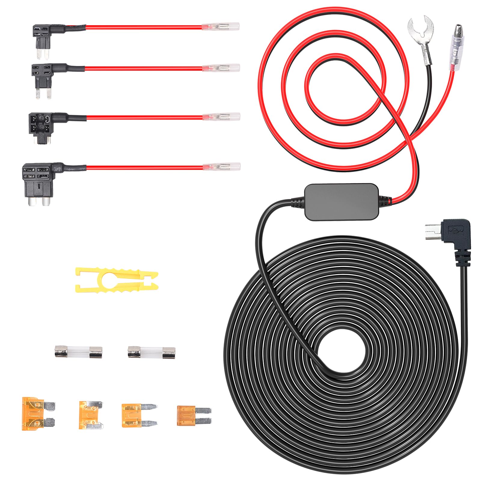 Kit de cable duro micro USB para cámara de salpicadero con cargador de cámara de salpicadero de coche de 12 V-24 V a 5 V, cable de alimentación de 4 cables de grifo, 24 horas de protección de