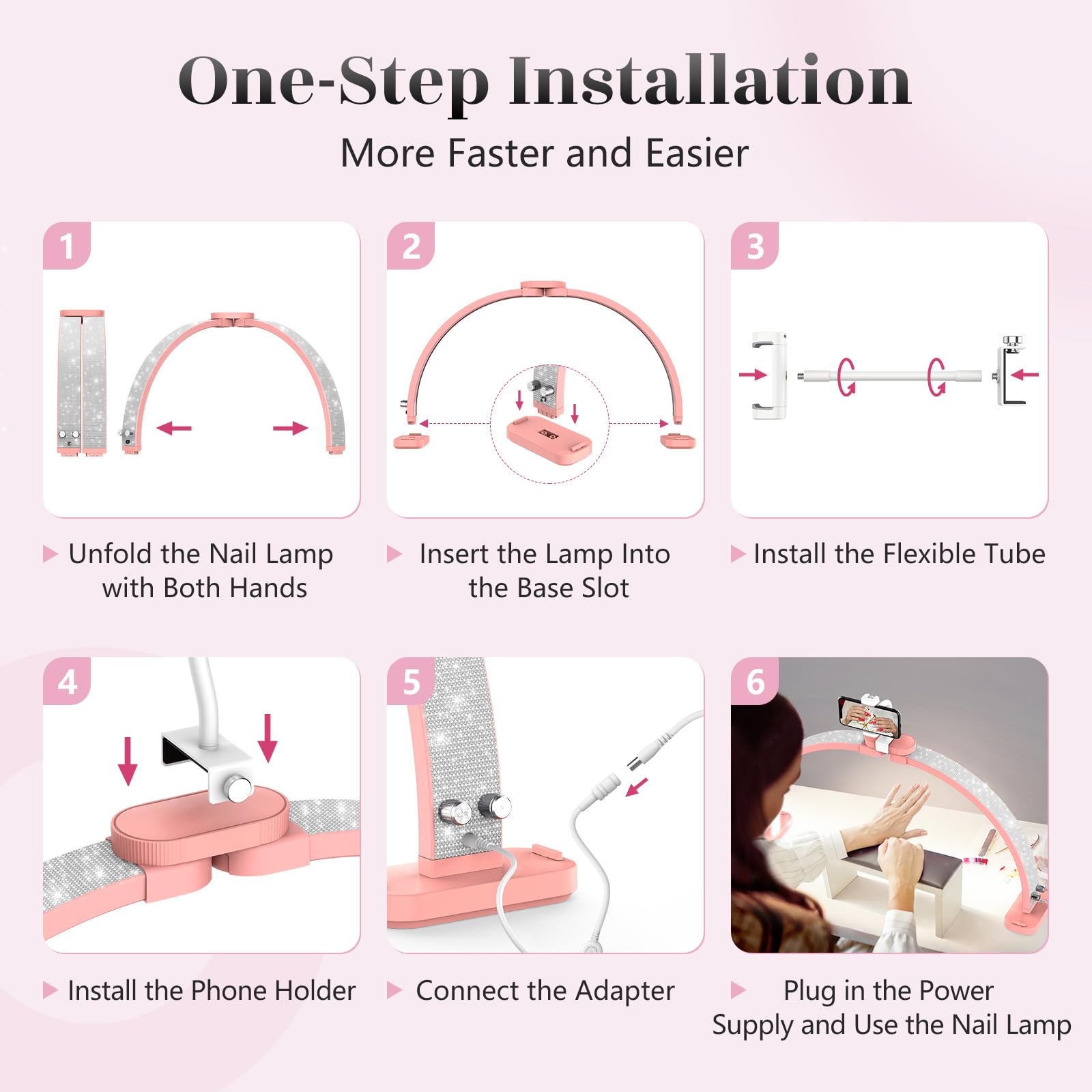 Half Moon Light for Nail Tech: 31 inch Lash LED Lamp with Phone Holder - 48W Foldable Arch Lights for Eyelash Tech - Manicure Handicraft Lighting for Spa,Salon: Pink